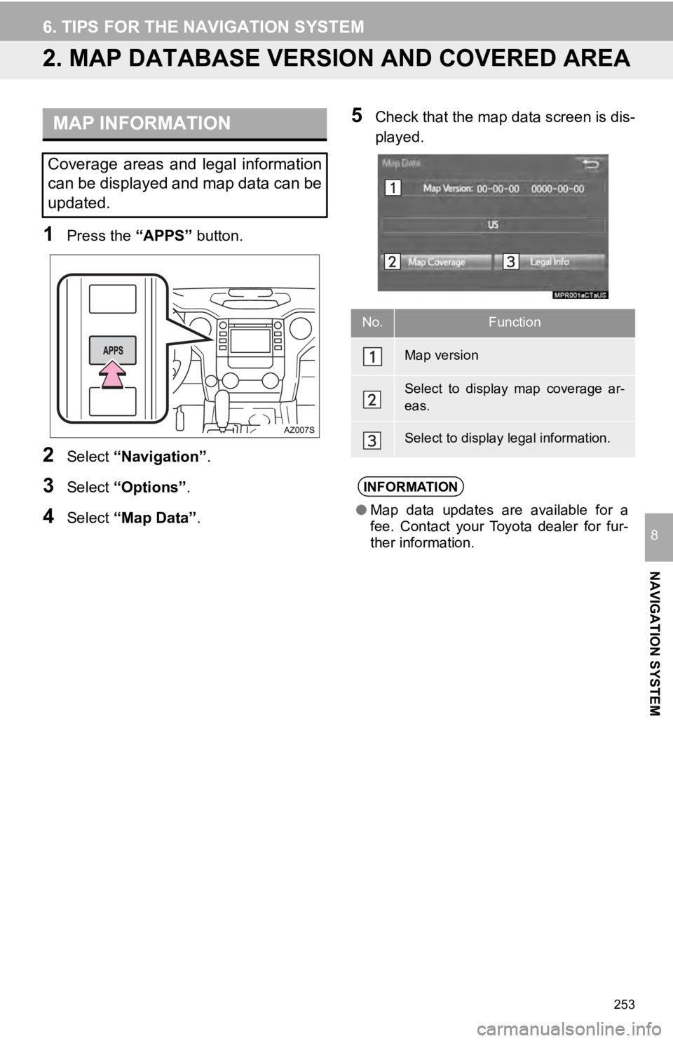 TOYOTA TUNDRA 2019 Accessories, Audio & Navigation (in English) 253
6. TIPS FOR THE NAVIGATION SYSTEM
NAVIGATION SYSTEM
8
2. MAP DATABASE VERSION AND COVERED AREA
MAP INFORMATION
1Press the “APPS” button.
2Select “Navigation” .
3Select “Options”.
4Sele TOYOTA TUNDRA 2019 Accessories, Audio & Navigation (in English) 253
6. TIPS FOR THE NAVIGATION SYSTEM
NAVIGATION SYSTEM
8
2. MAP DATABASE VERSION AND COVERED AREA
MAP INFORMATION
1Press the “APPS” button.
2Select “Navigation” .
3Select “Options”.
4Sele