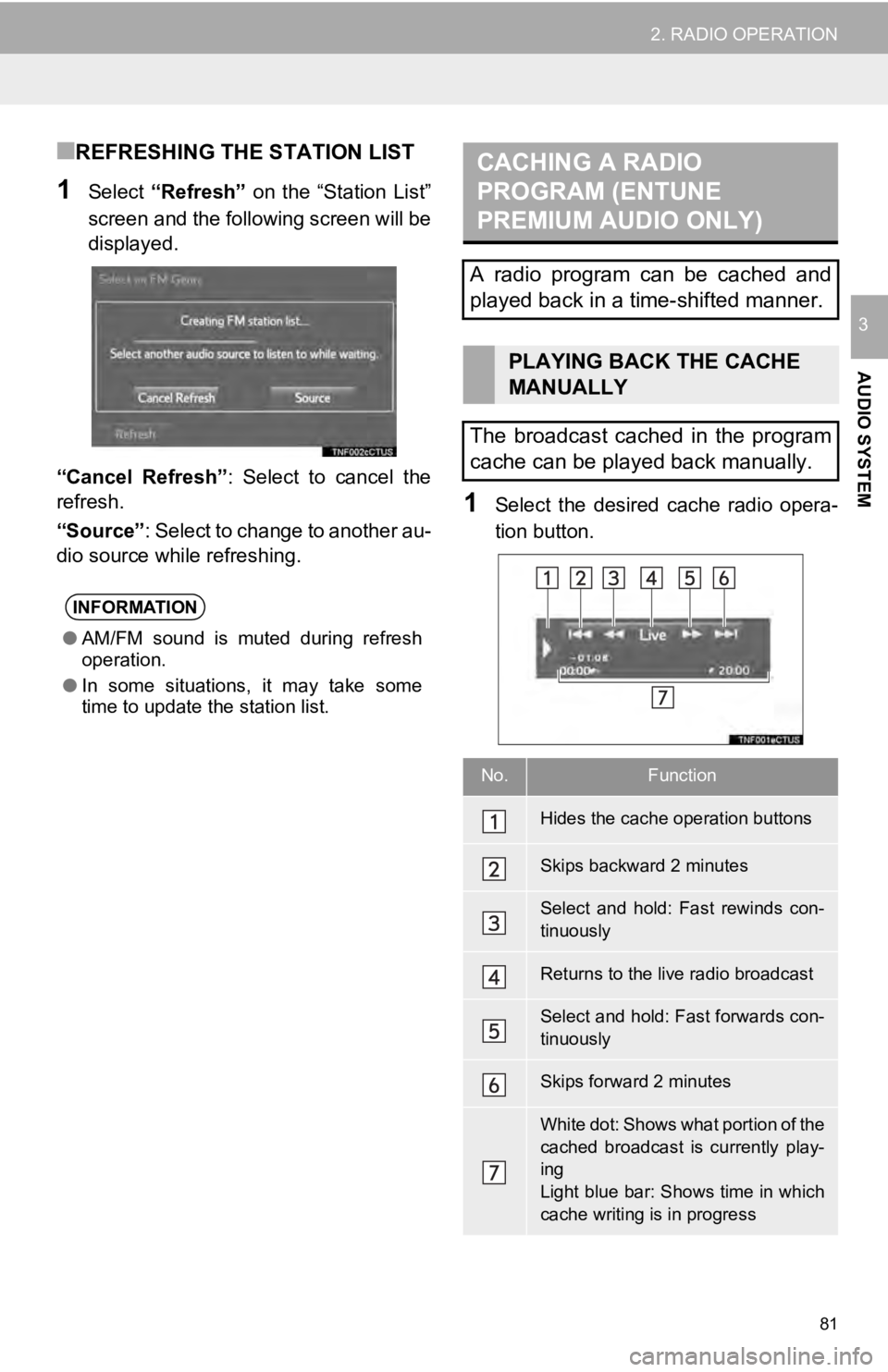 TOYOTA TUNDRA 2019 Accessories, Audio & Navigation (in English) 81
2. RADIO OPERATION
AUDIO SYSTEM
3
■REFRESHING THE STATION LIST
1Select “Refresh” on the “Station List”
screen and the following screen will be
displayed.
CACHING A RADIO
PROGRAM TOYOTA TUNDRA 2019 Accessories, Audio & Navigation (in English) 81
2. RADIO OPERATION
AUDIO SYSTEM
3
■REFRESHING THE STATION LIST
1Select “Refresh” on the “Station List”
screen and the following screen will be
displayed.
CACHING A RADIO
PROGRAM