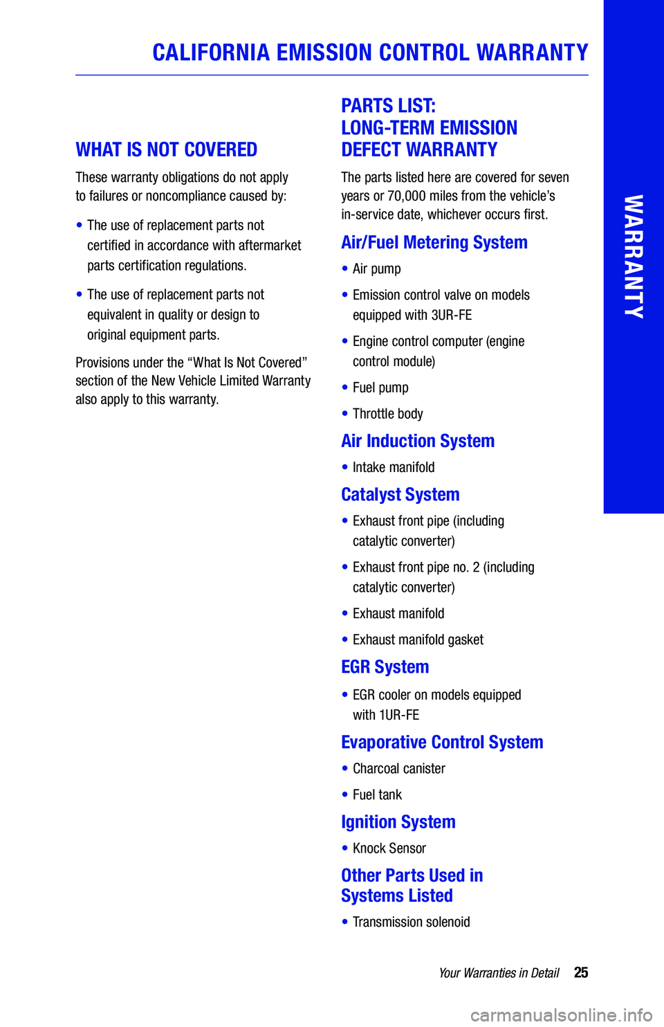 TOYOTA TUNDRA 2019 Warranties & Maintenance Guides (in English) 25Your Warranties in Detail
WARRANTY
CALIFORNIA EMISSION CONTROL WARRANTY
WHAT IS NOT COVERED
These warranty obligations do not apply
to failures or noncompliance caused by:
• The use of rep TOYOTA TUNDRA 2019 Warranties & Maintenance Guides (in English) 25Your Warranties in Detail
WARRANTY
CALIFORNIA EMISSION CONTROL WARRANTY
WHAT IS NOT COVERED
These warranty obligations do not apply
to failures or noncompliance caused by:
• The use of rep