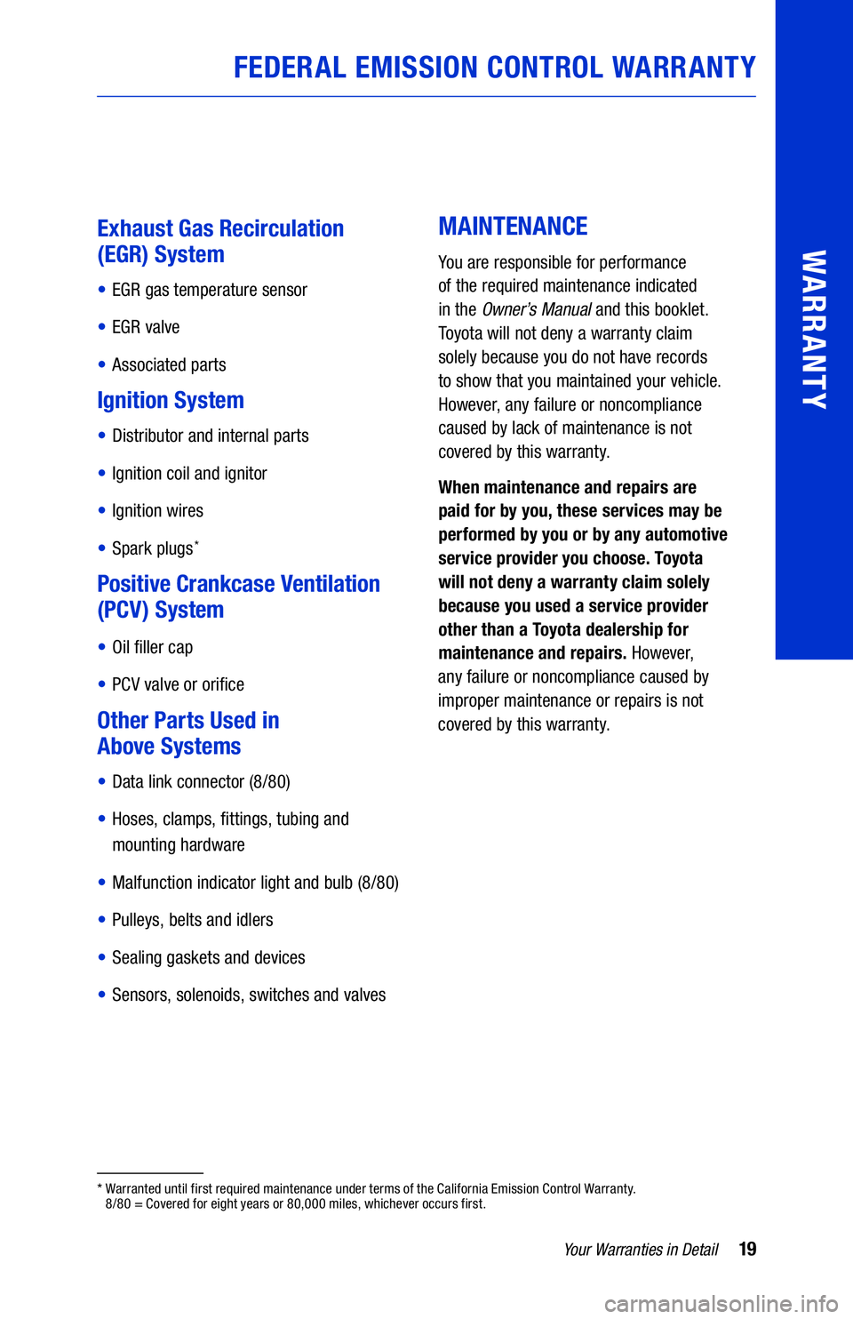 TOYOTA TUNDRA 2019  Warranties & Maintenance Guides (in English) 19Your Warranties in Detail
WARRANTY
 
 
Exhaust Gas Recirculation 
(EGR) System
• EGR gas temperature sensor
• EGR valve
• Associated parts
Ignition System
• Distributor and internal parts
