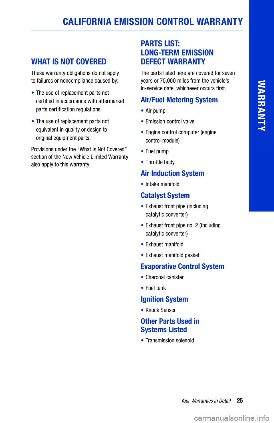 TOYOTA TUNDRA 2019 Warranties & Maintenance Guides (in English) 25Your Warranties in Detail
WARRANTY
CALIFORNIA EMISSION CONTROL WARRANTY
WHAT IS NOT COVERED
These warranty obligations do not apply
to failures or noncompliance caused by:
• The use of repl TOYOTA TUNDRA 2019 Warranties & Maintenance Guides (in English) 25Your Warranties in Detail
WARRANTY
CALIFORNIA EMISSION CONTROL WARRANTY
WHAT IS NOT COVERED
These warranty obligations do not apply
to failures or noncompliance caused by:
• The use of repl