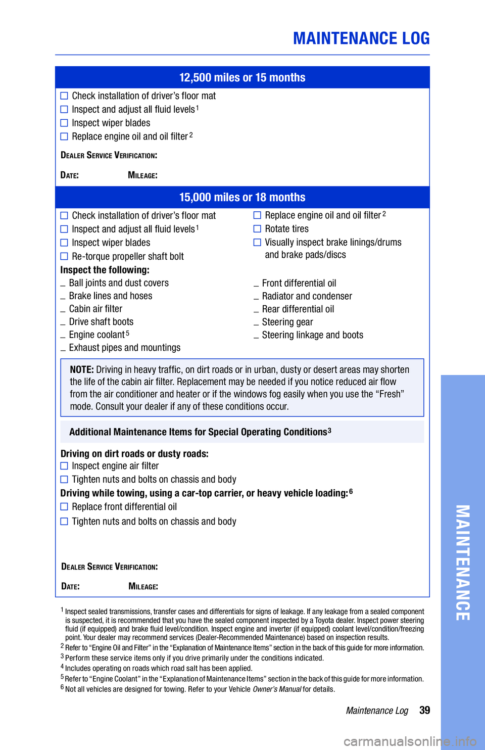 TOYOTA TUNDRA 2019 Warranties & Maintenance Guides (in English) 39Maintenance Log
MAINTENANCE LOG
MAINTENANCE
12,500 miles or 15 months
Check installation of driver’s floor mat
Inspect and adjust all fluid levels1
Inspect wiper blades
Replace engine oil and oil TOYOTA TUNDRA 2019 Warranties & Maintenance Guides (in English) 39Maintenance Log
MAINTENANCE LOG
MAINTENANCE
12,500 miles or 15 months
Check installation of driver’s floor mat
Inspect and adjust all fluid levels1
Inspect wiper blades
Replace engine oil and oil