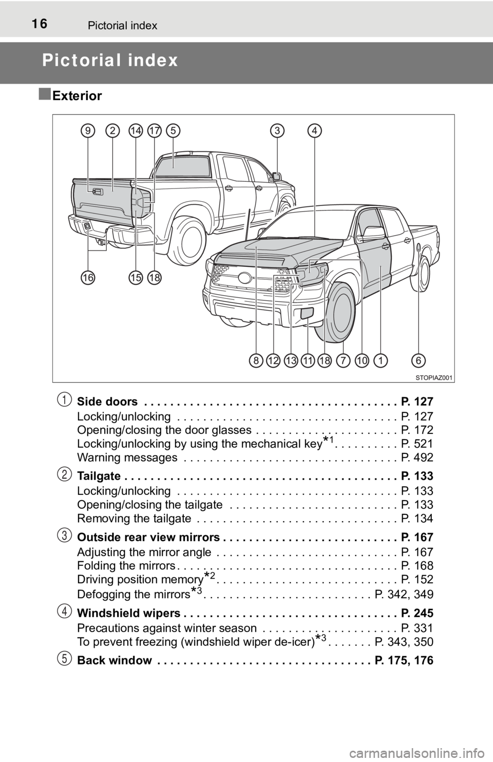 TOYOTA TUNDRA 2020   (in English) User Guide 16Pictorial index
Pictorial index
■
Exterior
Side doors  . . . . . . . . . . . . . . . . . . . . . . . . . . . . . . . . . . . . . . .  P. 127
Locking/unlocking  . . . . . . . . . . . . . . . . . . 