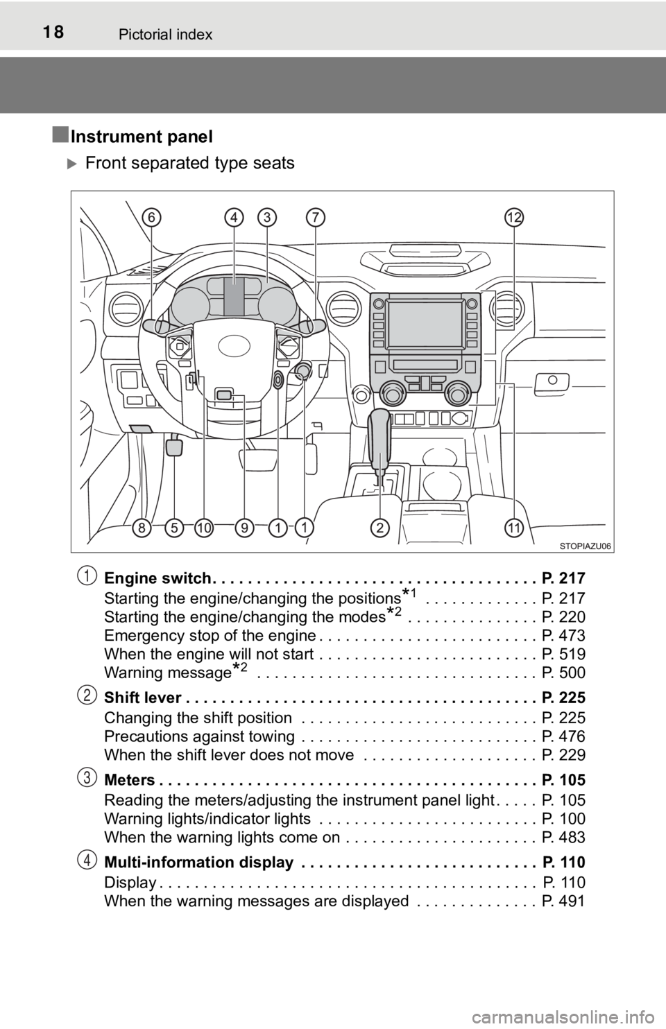 TOYOTA TUNDRA 2020   (in English) User Guide 18Pictorial index
■Instrument panel
Front separated type seats
Engine switch . . . . . . . . . . . . . . . . . . . . . . . . . . . . . . . . . . . . .  P. 217
Starting the engine/changing the pos