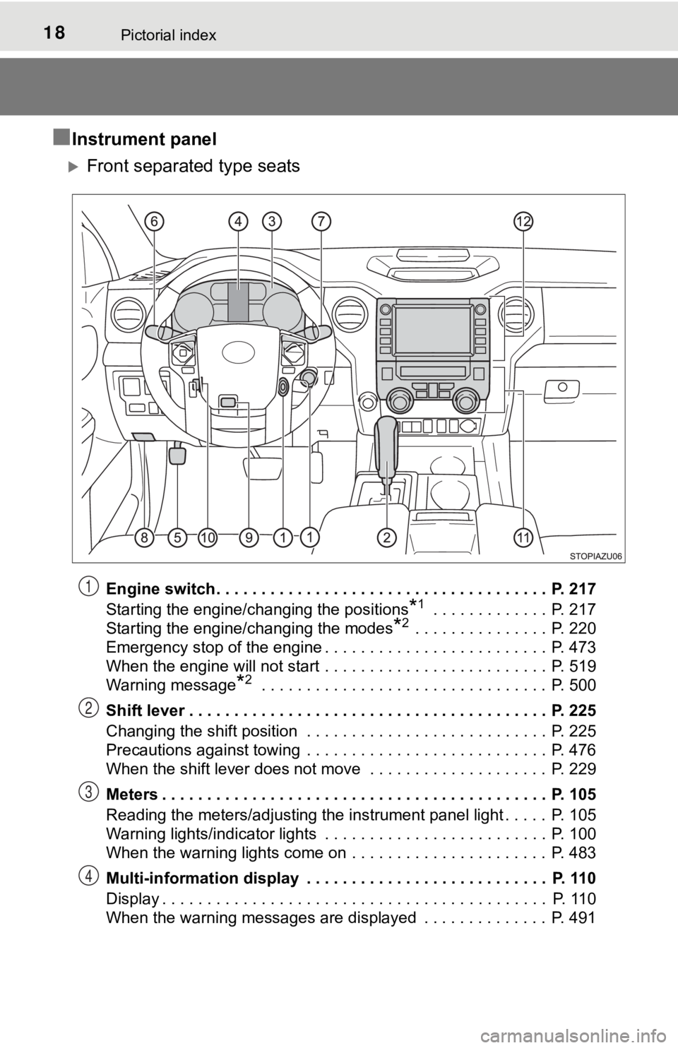 TOYOTA TUNDRA 2020 Owners Manual (in English) 18Pictorial index
■Instrument panel
Front separated type seats
Engine switch . . . . . . . . . . . . . . . . . . . . . . . . . . . . . . . . . . . . . P. 217
Starting the engine/changing the pos TOYOTA TUNDRA 2020 Owners Manual (in English) 18Pictorial index
■Instrument panel
Front separated type seats
Engine switch . . . . . . . . . . . . . . . . . . . . . . . . . . . . . . . . . . . . . P. 217
Starting the engine/changing the pos