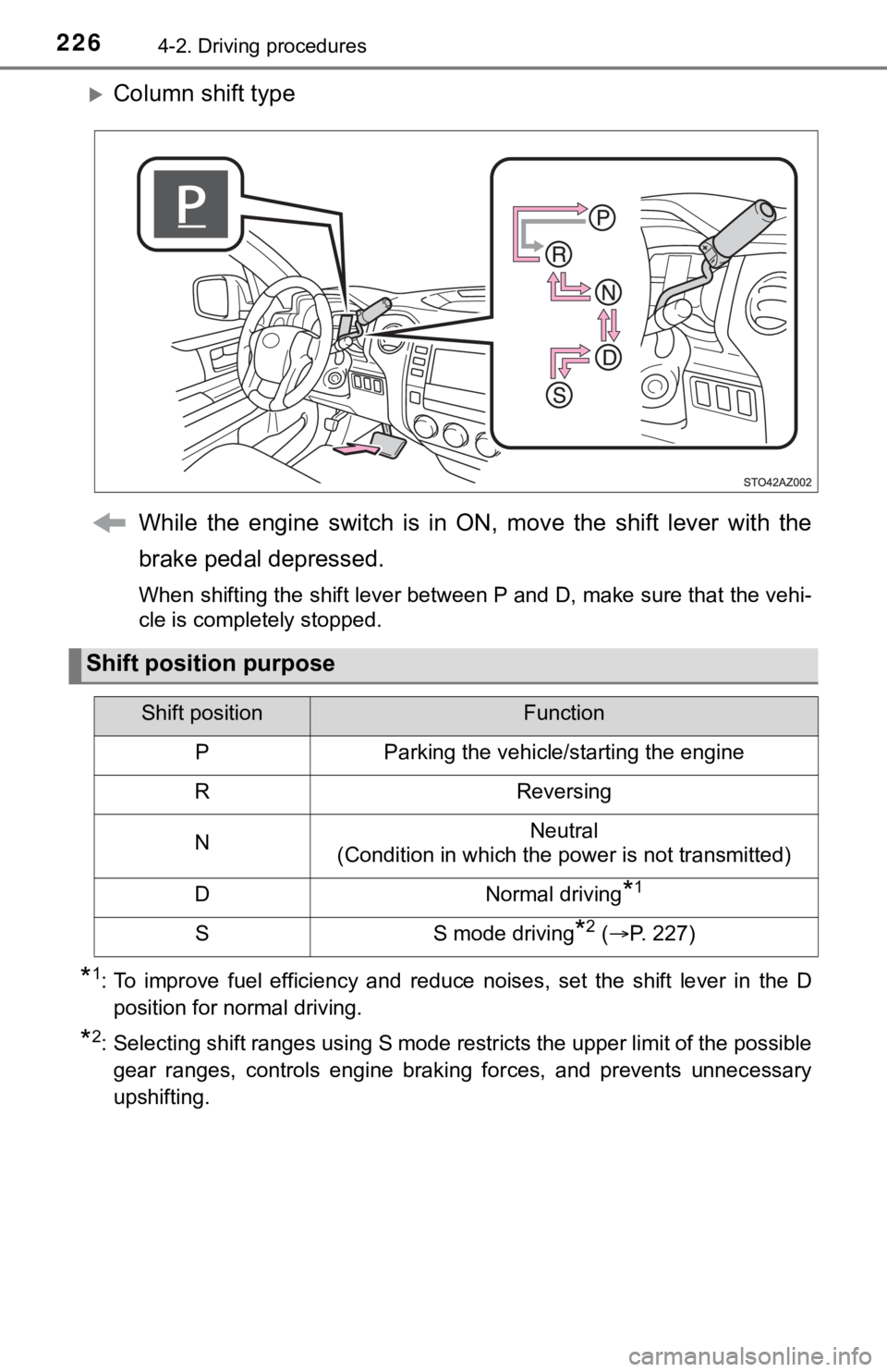 TOYOTA TUNDRA 2020  Owners Manual (in English) 2264-2. Driving procedures
Column shift typeWhile  the  engine  switch  is  in  ON,  move  the  shift  lever  with  the
brake pedal depressed.
When shifting the shift lever between P and D, make su