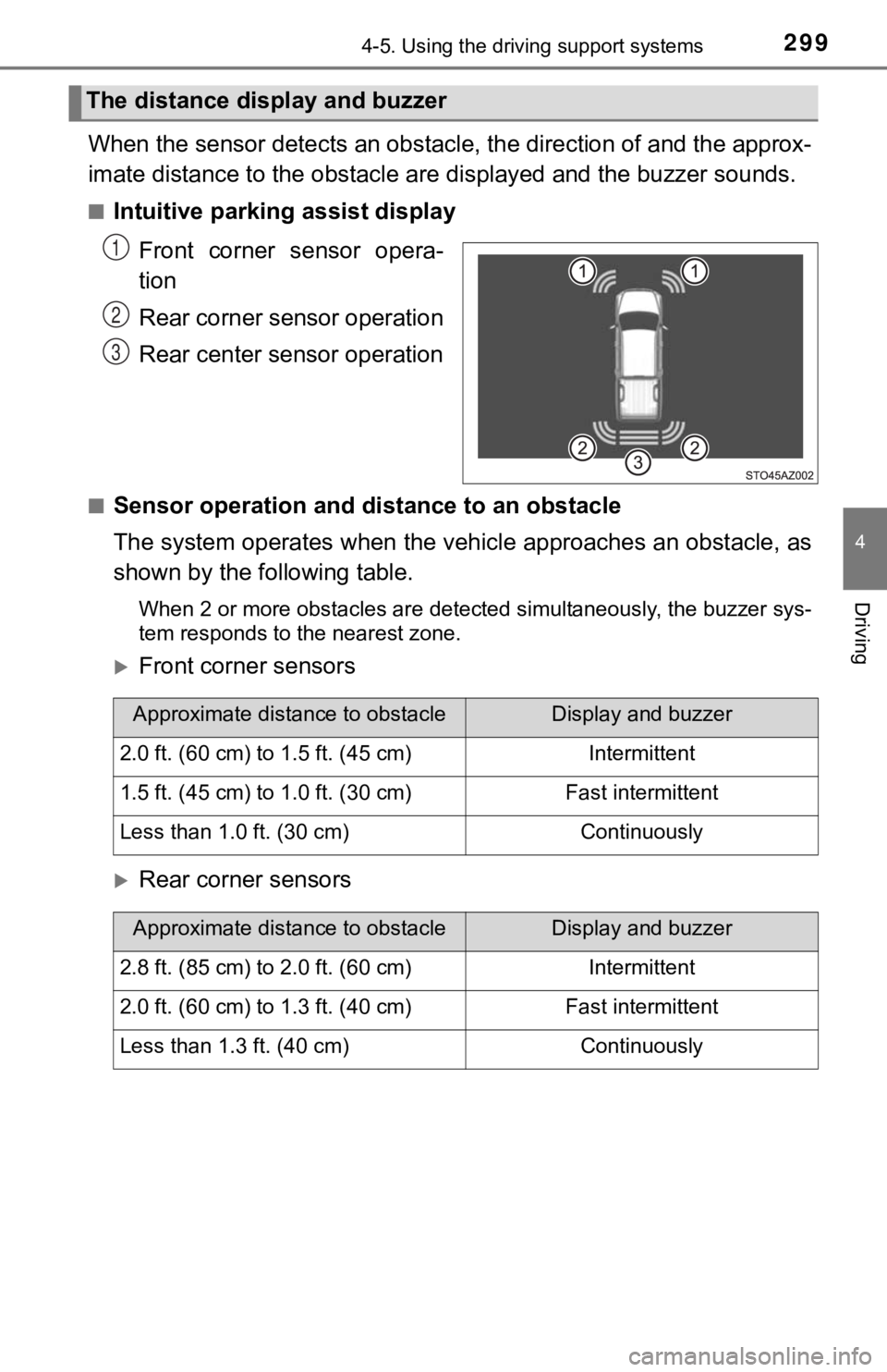 TOYOTA TUNDRA 2020  Owners Manual (in English) 2994-5. Using the driving support systems
4
Driving
When the sensor detects an obstacle, the direction of and the approx-
imate distance to the o bstacle are displayed and the buzzer sou nds.
■Intui