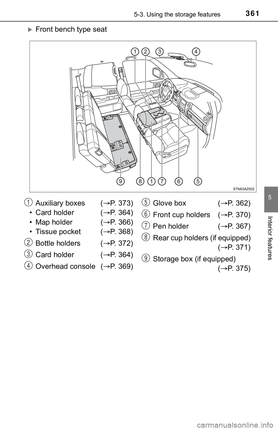 TOYOTA TUNDRA 2020  Owners Manual (in English) 3615-3. Using the storage features
5
Interior features
Front bench type seat
Auxiliary boxes  ( P.   3 7 3 )
• Card holder ( P.   3 6 4 )
• Map holder ( P.   3 6 6 )
• Tissue pocket 