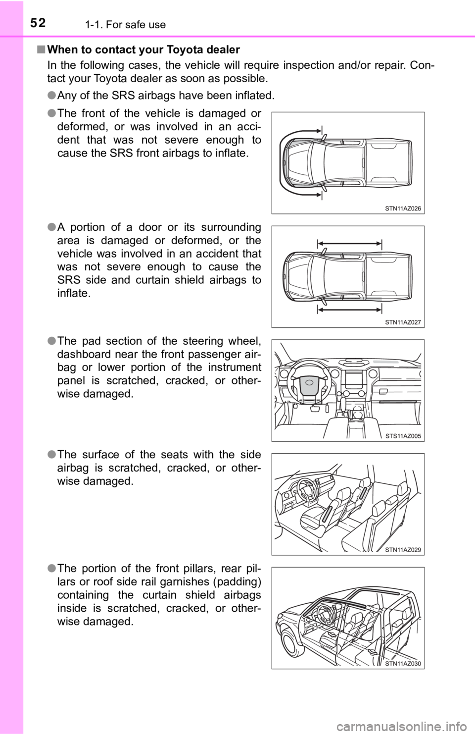 TOYOTA TUNDRA 2020  Owners Manual (in English) 521-1. For safe use
■When to contact your Toyota dealer
In  the  following  cases,  the  vehicle  will  require  inspection  and /or  repair.  Con-
tact your Toyota dealer as soon as possible.
● A