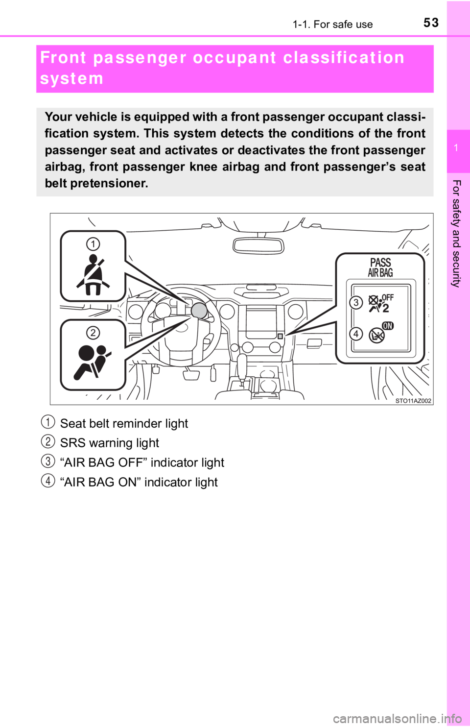 TOYOTA TUNDRA 2020  Owners Manual (in English) 531-1. For safe use
1
For safety and security
Front passenger occupant classification 
system
Your vehicle is equipped with a front passenger occupant classi -
fication  system.  This  system  det ect