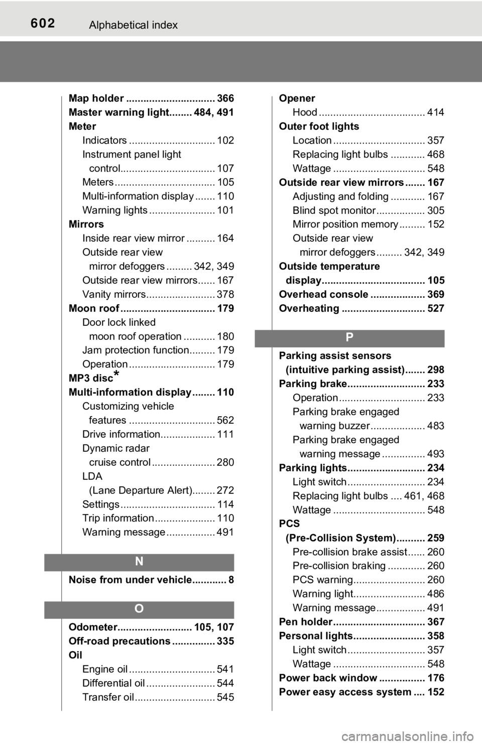 TOYOTA TUNDRA 2020  Owners Manual (in English) 602Alphabetical index
Map holder ............................... 366
Master warning light........ 484, 491
MeterIndicators .............................. 102
Instrument panel light control............