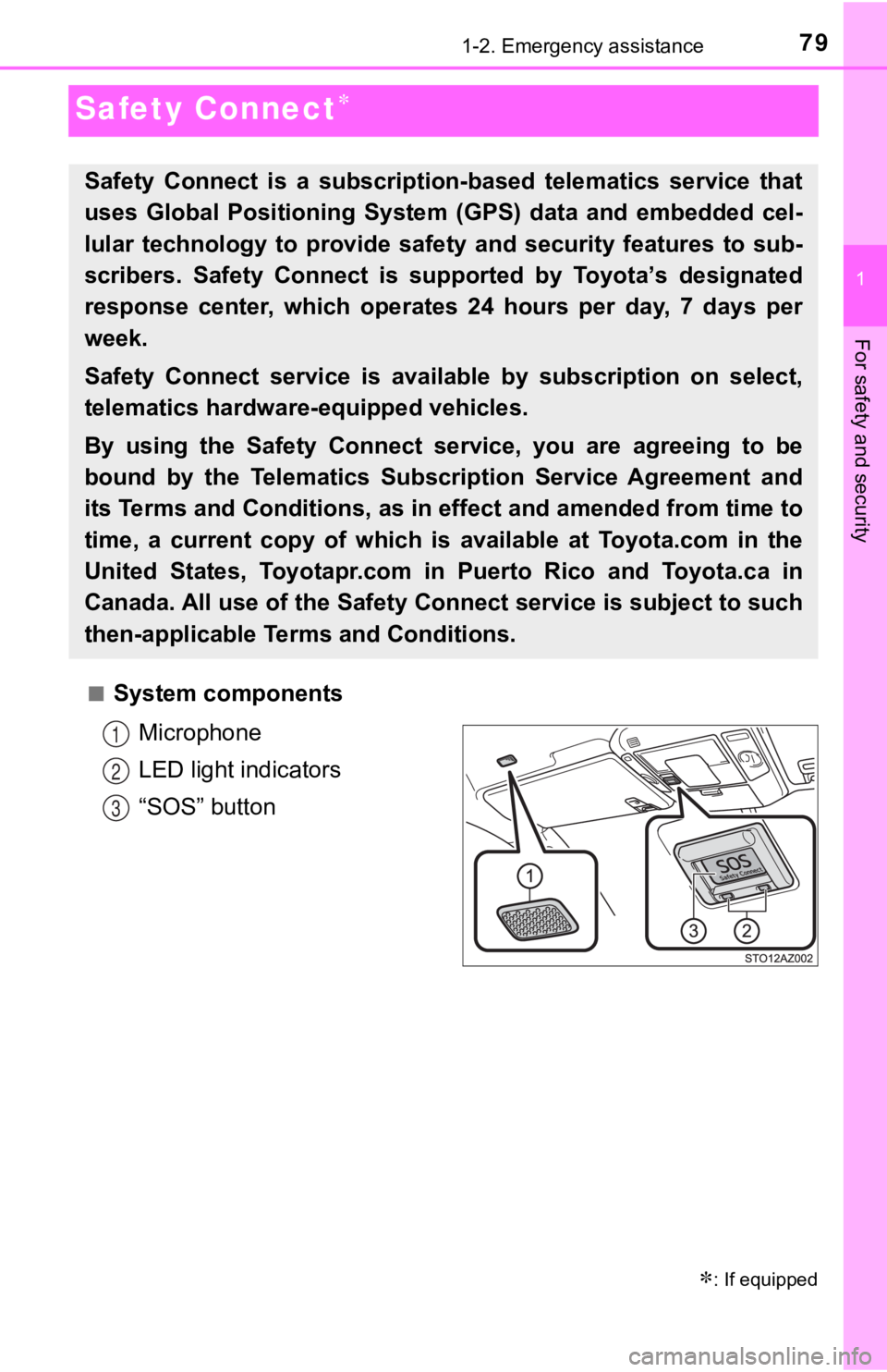 TOYOTA TUNDRA 2020 Owners Manual (in English) 791-2. Emergency assistance
1
For safety and security
Safety Connect
■System componentsMicrophone
LED light indicators
“SOS” button
Safety Connect is a subscription-based telematics ser TOYOTA TUNDRA 2020 Owners Manual (in English) 791-2. Emergency assistance
1
For safety and security
Safety Connect
■System componentsMicrophone
LED light indicators
“SOS” button
Safety Connect is a subscription-based telematics ser