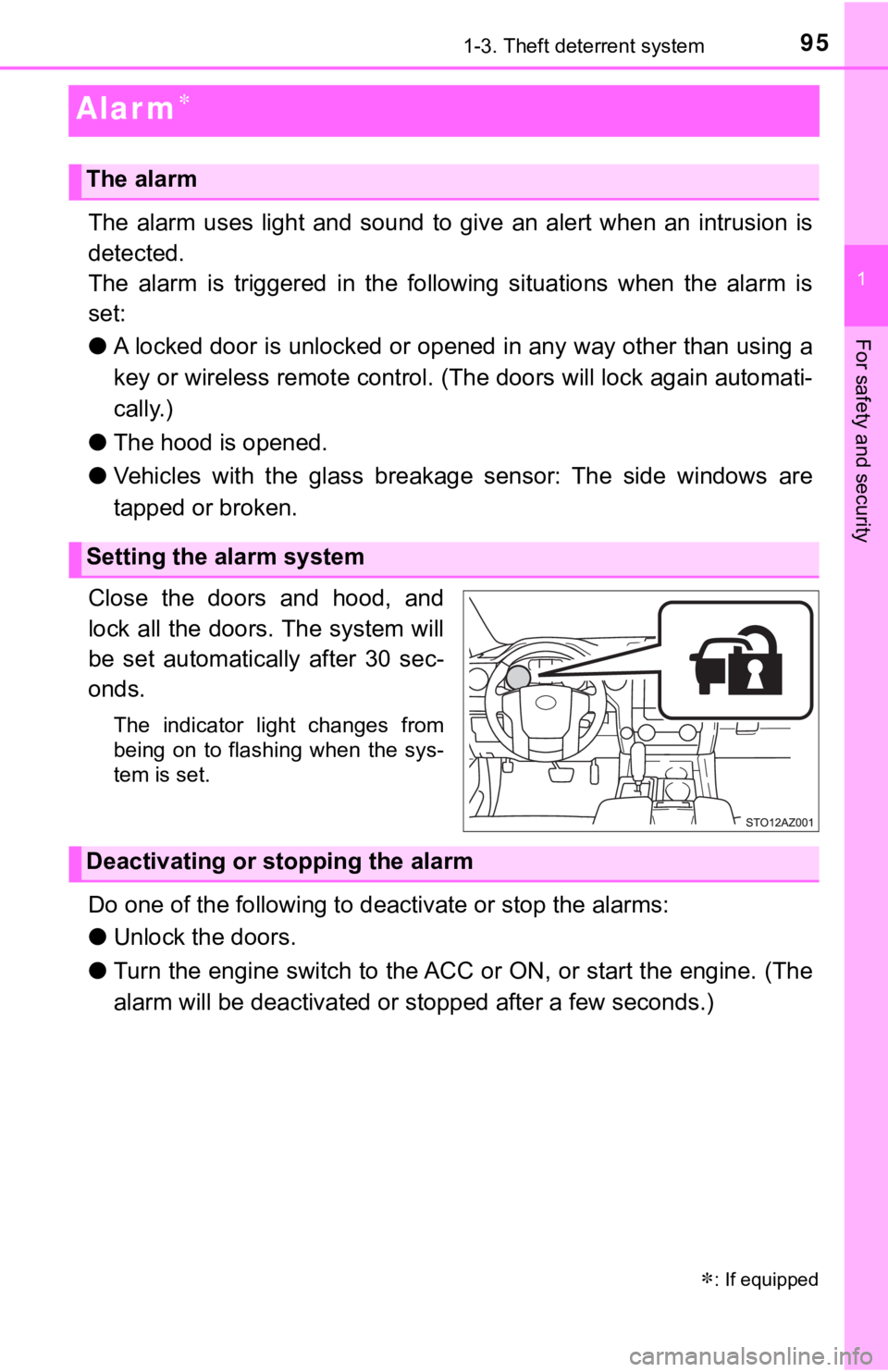 TOYOTA TUNDRA 2020  Owners Manual (in English) 951-3. Theft deterrent system
1
For safety and security
Alar m
The  alarm  uses  light  and  sound  to  give  an  alert  when  an  intrusion  is
detected.
The  alarm  is  triggered  in  the  follow