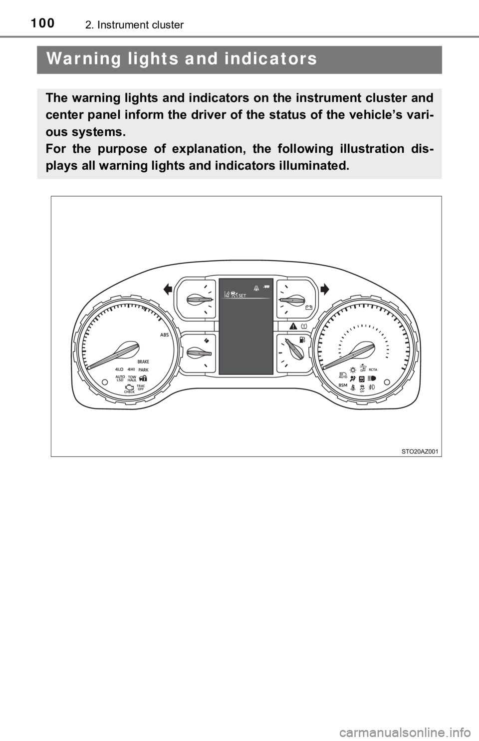 TOYOTA TUNDRA 2020  Owners Manual (in English) 1002. Instrument cluster
 Warning lights and indicators
The warning lights and indicators on the instrument cluster and
center panel inform the driver of the status of the vehicle’s vari-
ous system