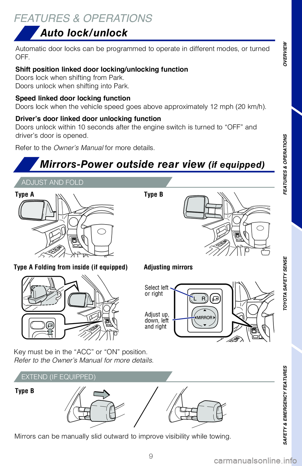 TOYOTA TUNDRA 2020  Owners Manual (in English) 9
OVERVIEW
FEATURES & OPERATIONS
TOYOTA SAFETY SENSE
SAFETY & EMERGENCY FEATURES
FEATURES & OPERATIONS
Mirrors-Power outside rear view (if equipped)
Mirrors can be manually slid outward to improve vis