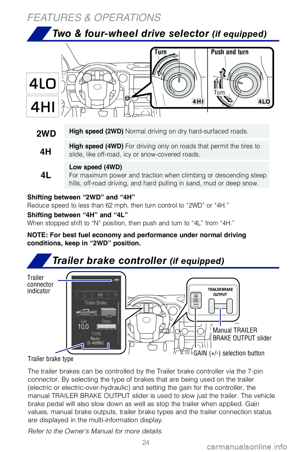 TOYOTA TUNDRA 2020  Owners Manual (in English) 24
FEATURES & OPERATIONS
Push and turnTurn
Shifting between “2WD” and “4H”
Reduce speed to less than 62 mph, then turn control to “2WD” or “4H.”
Shifting between “4H” and “4L”
