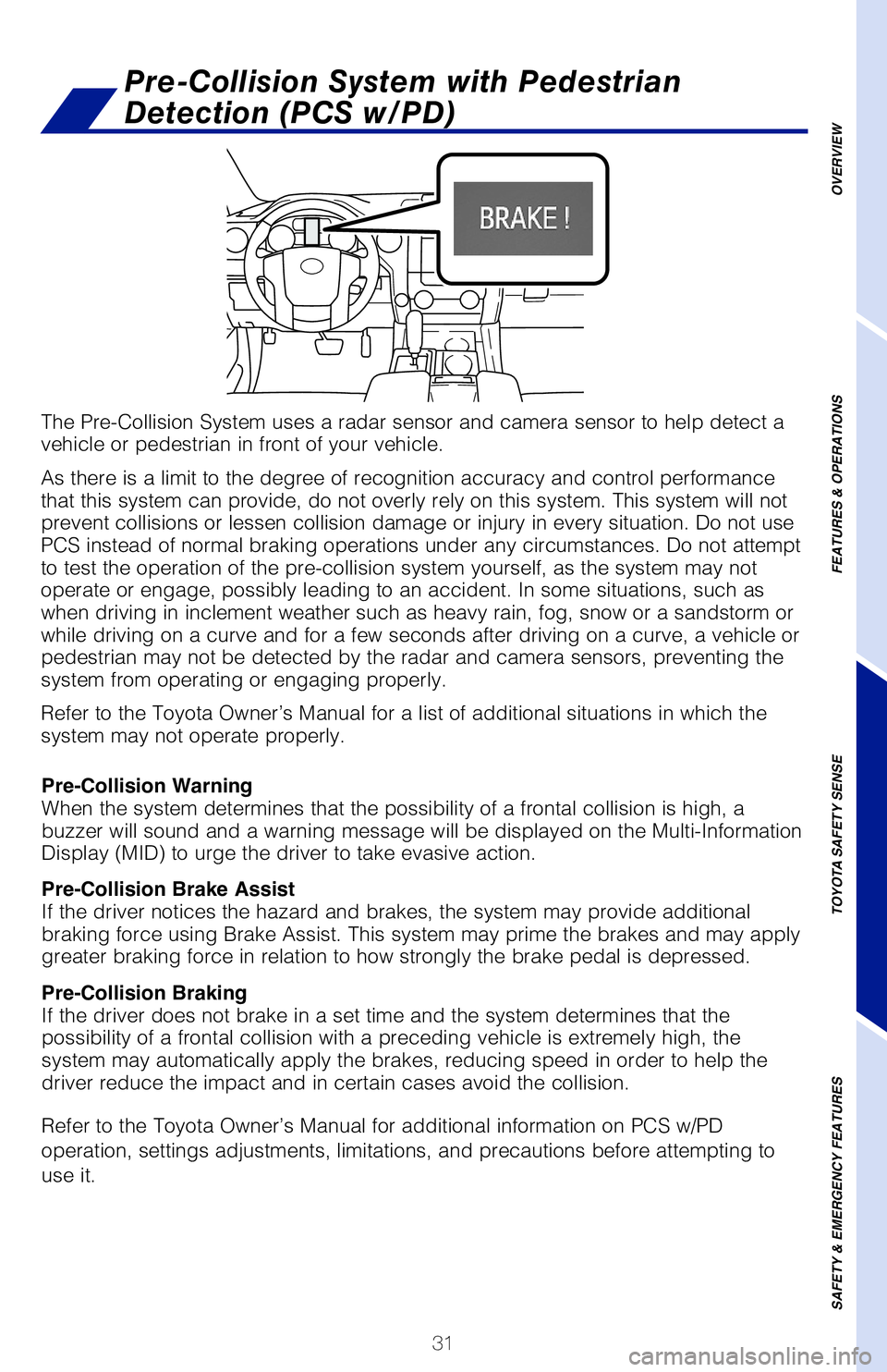 TOYOTA TUNDRA 2020 (in English) Owners Guide 31
The Pre-Collision System uses a radar sensor and camera sensor to help detect a vehicle or pedestrian in front of your vehicle.
As there is a limit to the degree of recognition accuracy and contr TOYOTA TUNDRA 2020 (in English) Owners Guide 31
The Pre-Collision System uses a radar sensor and camera sensor to help detect a vehicle or pedestrian in front of your vehicle.
As there is a limit to the degree of recognition accuracy and contr