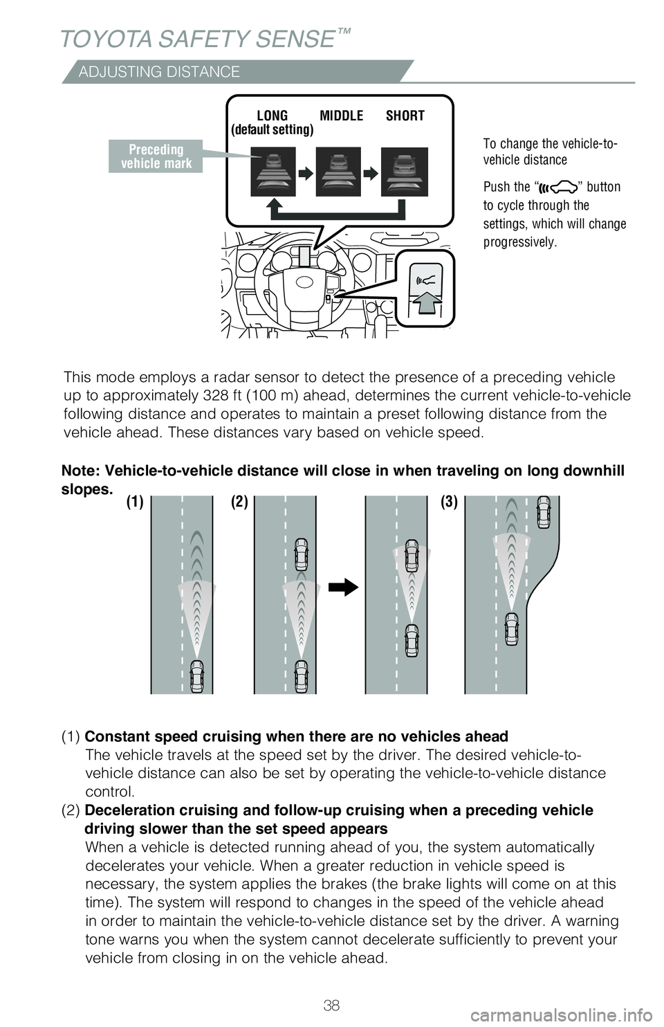 TOYOTA TUNDRA 2020 (in English) Owners Guide 38
TOYOTA SAFETY SENSE™
ADJUSTING DISTANCE
To change the vehicle-to- vehicle distance
Push the “” button
to cycle through the
settings, which will change
progressively.
This mode employs TOYOTA TUNDRA 2020 (in English) Owners Guide 38
TOYOTA SAFETY SENSE™
ADJUSTING DISTANCE
To change the vehicle-to- vehicle distance
Push the “” button
to cycle through the
settings, which will change
progressively.
This mode employs