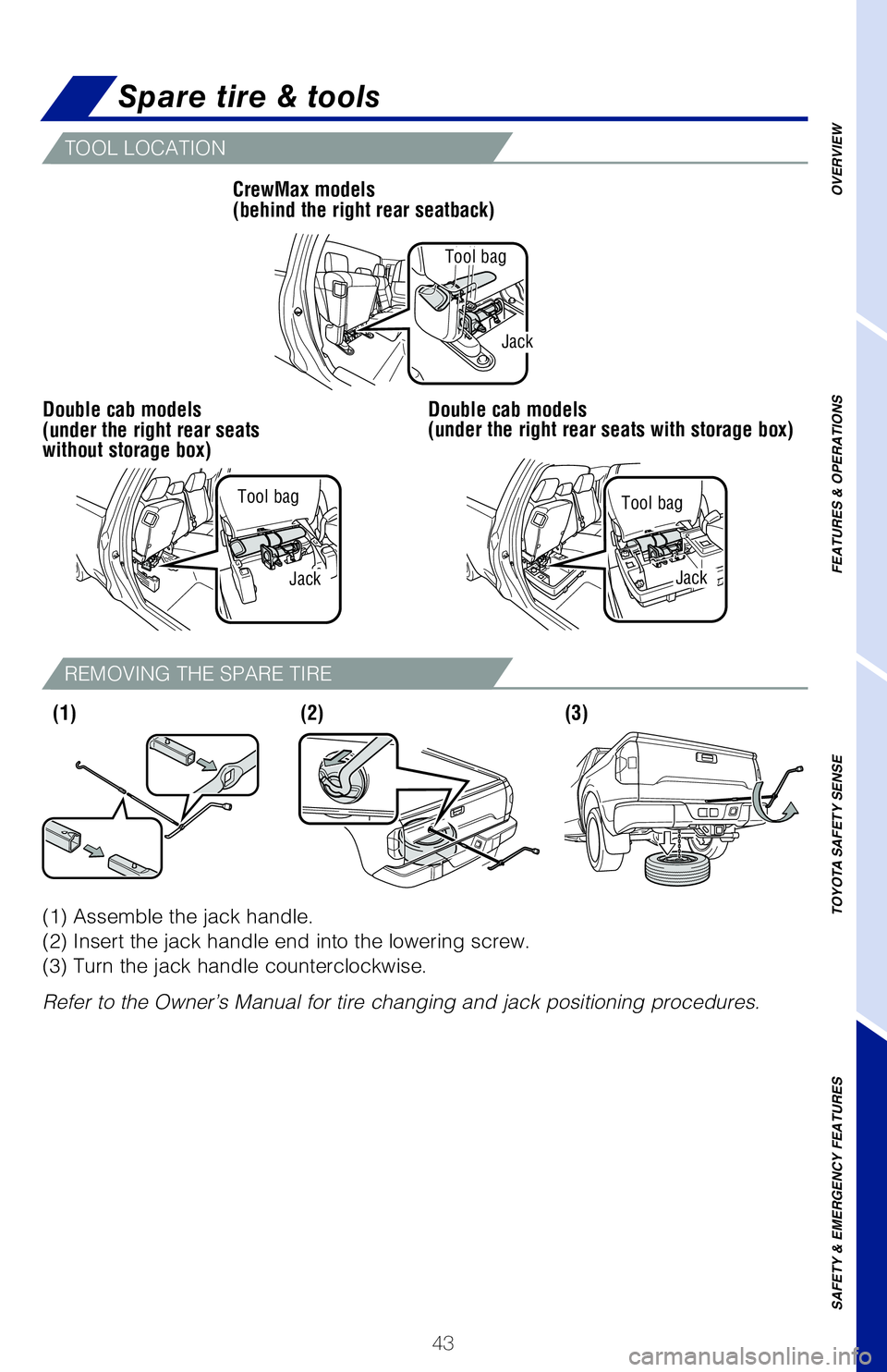 TOYOTA TUNDRA 2020  Owners Manual (in English) 43
Spare tire & tools
TOOL LOCATION
REMOVING THE SPARE TIRE
(1) Assemble the jack handle. 
(2) Insert the jack handle end into the lowering screw.
(3) Turn the jack handle counterclockwise. 
Refer to 