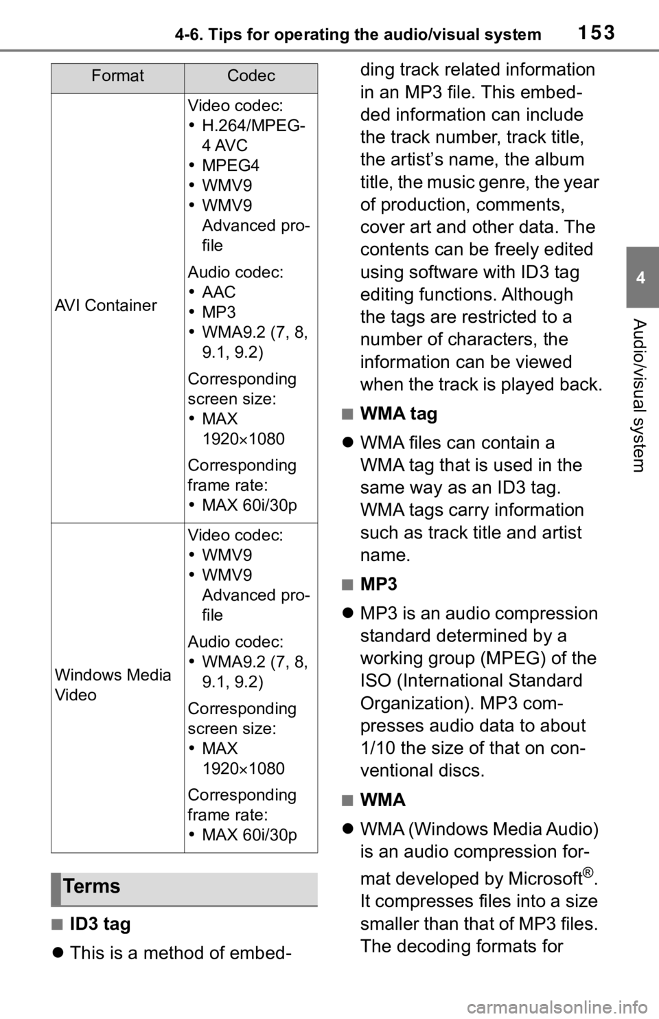 TOYOTA TUNDRA 2020 Accessories, Audio & Navigation (in English) 1534-6. Tips for operating the audio/visual system
4
Audio/visual system
■ID3 tag
This is a method of embed- ding track related information
in an MP3 file. This embed-
ded information can inclu TOYOTA TUNDRA 2020 Accessories, Audio & Navigation (in English) 1534-6. Tips for operating the audio/visual system
4
Audio/visual system
■ID3 tag
This is a method of embed- ding track related information
in an MP3 file. This embed-
ded information can inclu