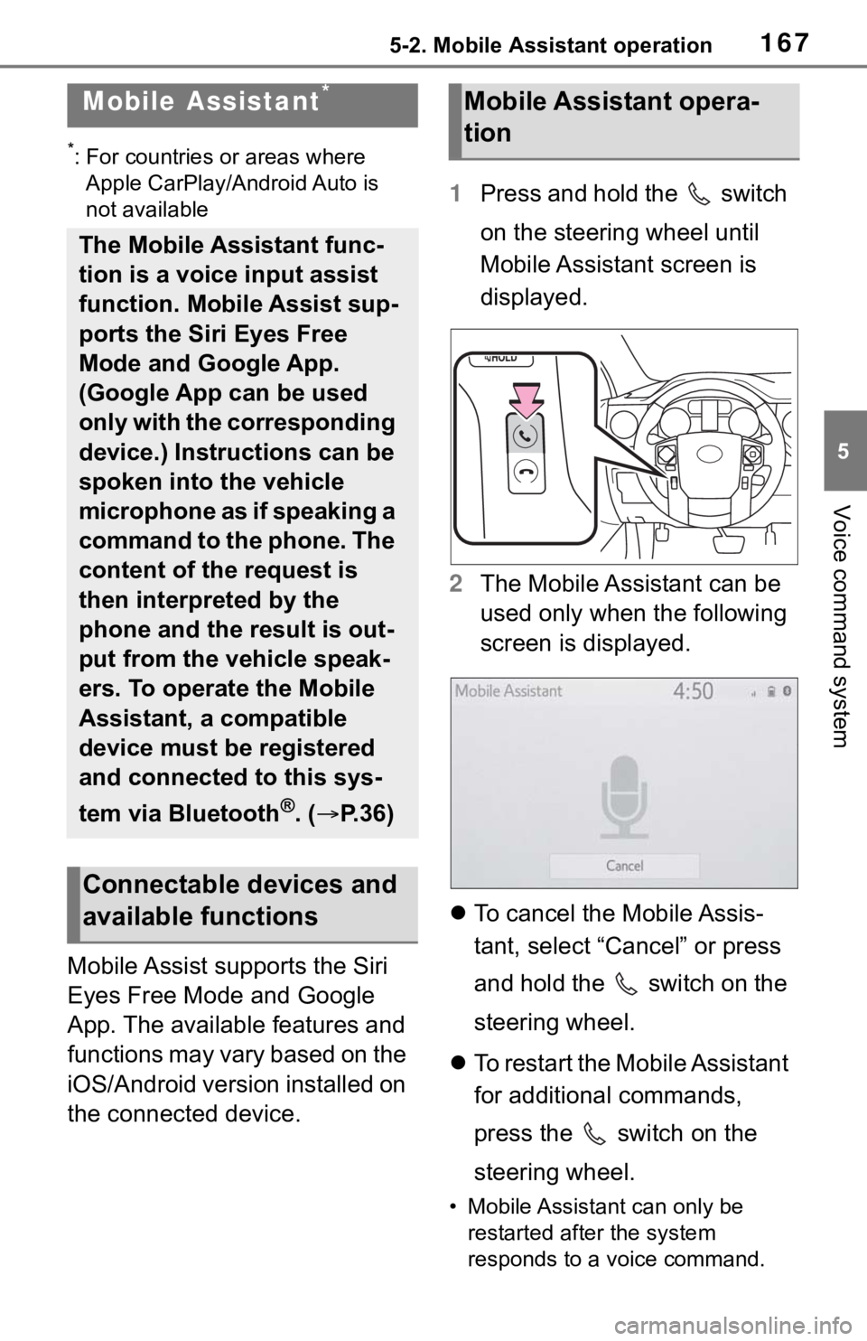 TOYOTA TUNDRA 2020 Accessories, Audio & Navigation (in English) 1675-2. Mobile Assistant operation
5
Voice command system
5-2.Mobile Assistant operation
*: For countries or areas where
Apple CarPlay/Android Auto is
not available
Mobile Assist supports the Siri
TOYOTA TUNDRA 2020 Accessories, Audio & Navigation (in English) 1675-2. Mobile Assistant operation
5
Voice command system
5-2.Mobile Assistant operation
*: For countries or areas where
Apple CarPlay/Android Auto is
not available
Mobile Assist supports the Siri