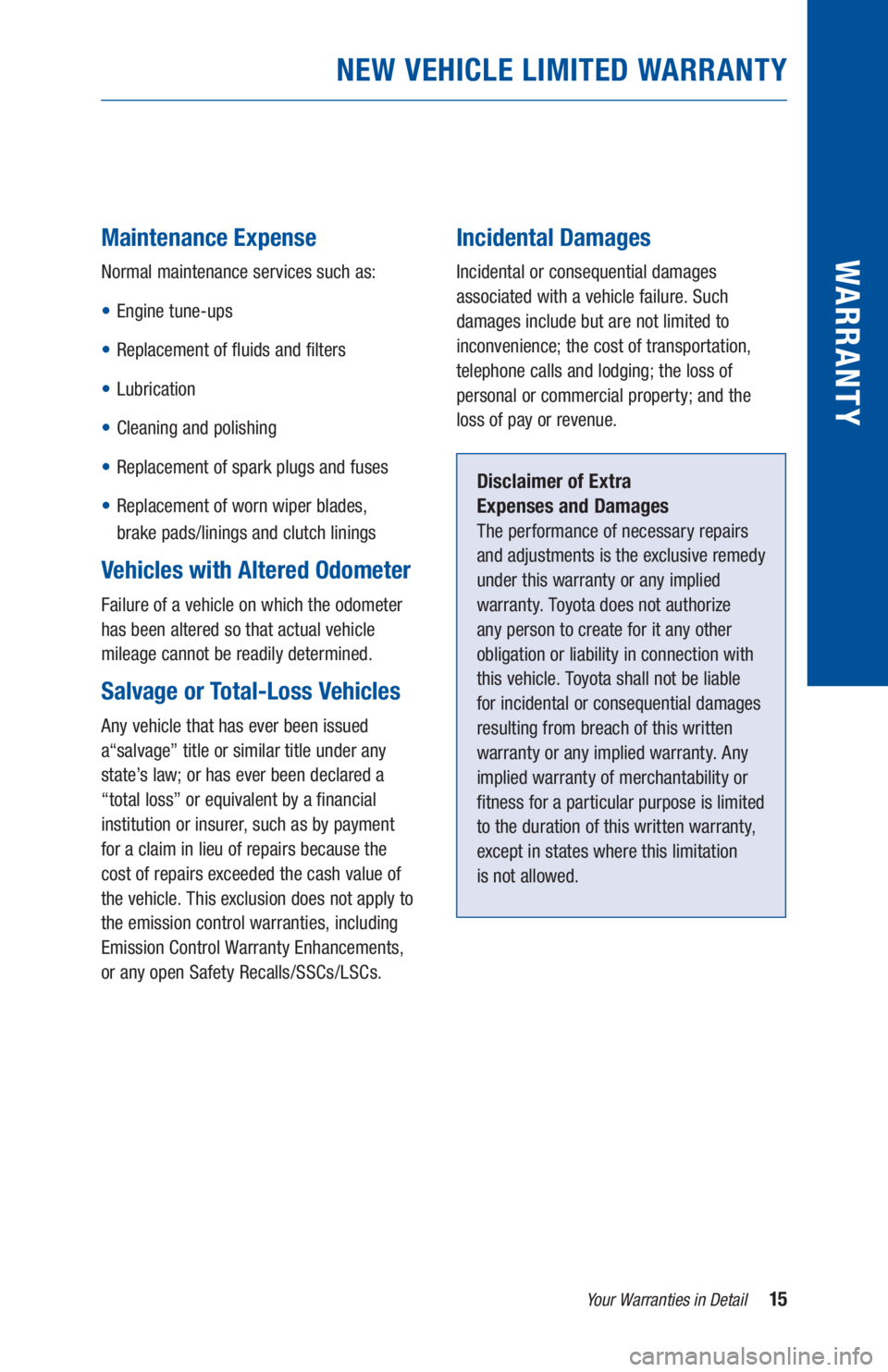 TOYOTA TUNDRA 2020  Warranties & Maintenance Guides (in English) 15Your Warranties in Detail
WARR ANT Y
 
 
Maintenance Expense
Normal maintenance services such as:
• Engine tune-ups
• Replacement of fluids and filters
• Lubrication
• Cleaning and polishing