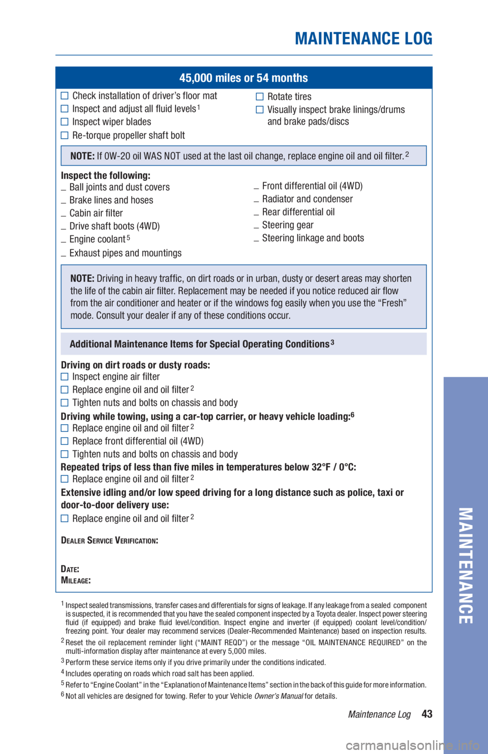 TOYOTA TUNDRA 2020  Warranties & Maintenance Guides (in English) 43Maintenance Log
MAINTENANCE LOG
MAINTENANCE
45,000 miles or 54 months
Check installation of driver’s floor mat
Inspect and adjust all fluid levels1
Inspect wiper blades
Re-torque propeller shaft b