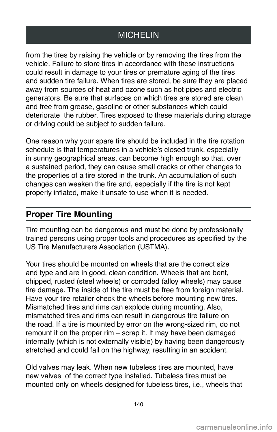 TOYOTA TUNDRA 2020 Warranties & Maintenance Guides (in English) MICHELIN
140
from the tires by raising the vehicle or by removing the tires from the \
vehicle. Failure to store tires in accordance with these instructions
could result in damage to your tires or p TOYOTA TUNDRA 2020 Warranties & Maintenance Guides (in English) MICHELIN
140
from the tires by raising the vehicle or by removing the tires from the \
vehicle. Failure to store tires in accordance with these instructions
could result in damage to your tires or p