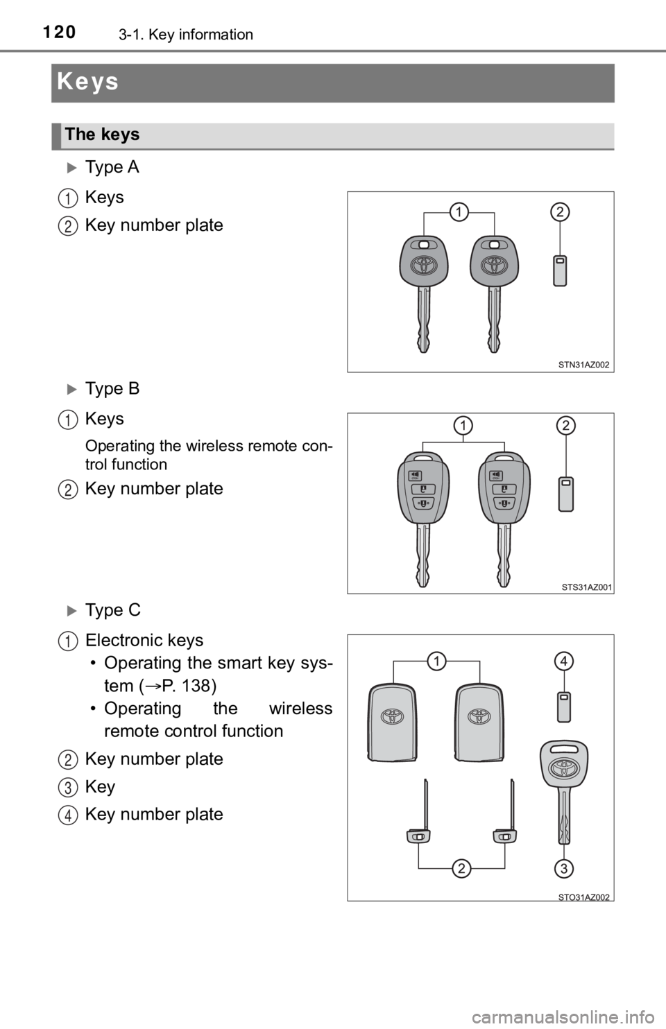 TOYOTA TUNDRA 2021 Owners Manual (in English) 1203-1. Key information
Keys
Ty p e A
Keys
Key number plate
Ty p e B
Keys
Operating the wireless remote con-
trol function
Key number plate
Ty p e C
Electronic keys• Operating the smar TOYOTA TUNDRA 2021 Owners Manual (in English) 1203-1. Key information
Keys
Ty p e A
Keys
Key number plate
Ty p e B
Keys
Operating the wireless remote con-
trol function
Key number plate
Ty p e C
Electronic keys• Operating the smar