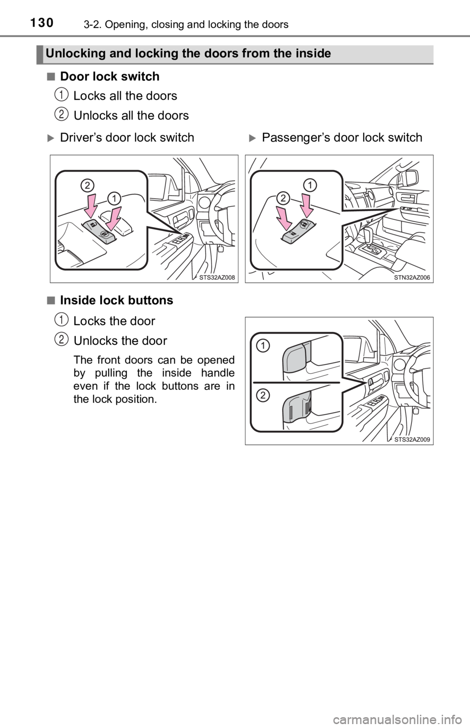 TOYOTA TUNDRA 2021  Owners Manual (in English) 1303-2. Opening, closing and locking the doors
■Door lock switchLocks all the doors
Unlocks all the doors
■Inside lock buttons
Locks the door
Unlocks the door
The  front  doors  can  be  opened
by