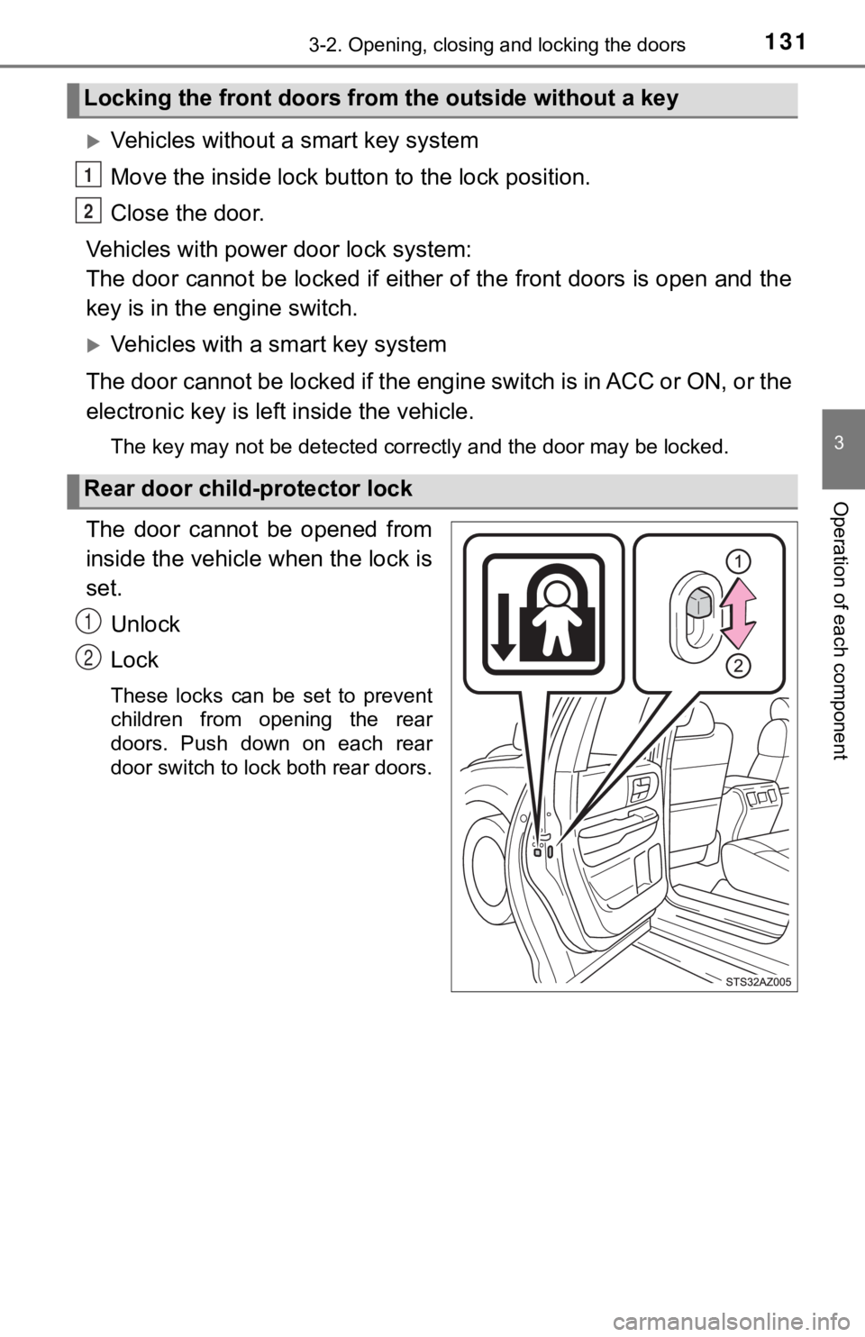 TOYOTA TUNDRA 2021  Owners Manual (in English) 1313-2. Opening, closing and locking the doors
3
Operation of each component
Vehicles without a smart key system
Move the inside lock bu tton to the lock position.
Close the door.
Vehicles with pow
