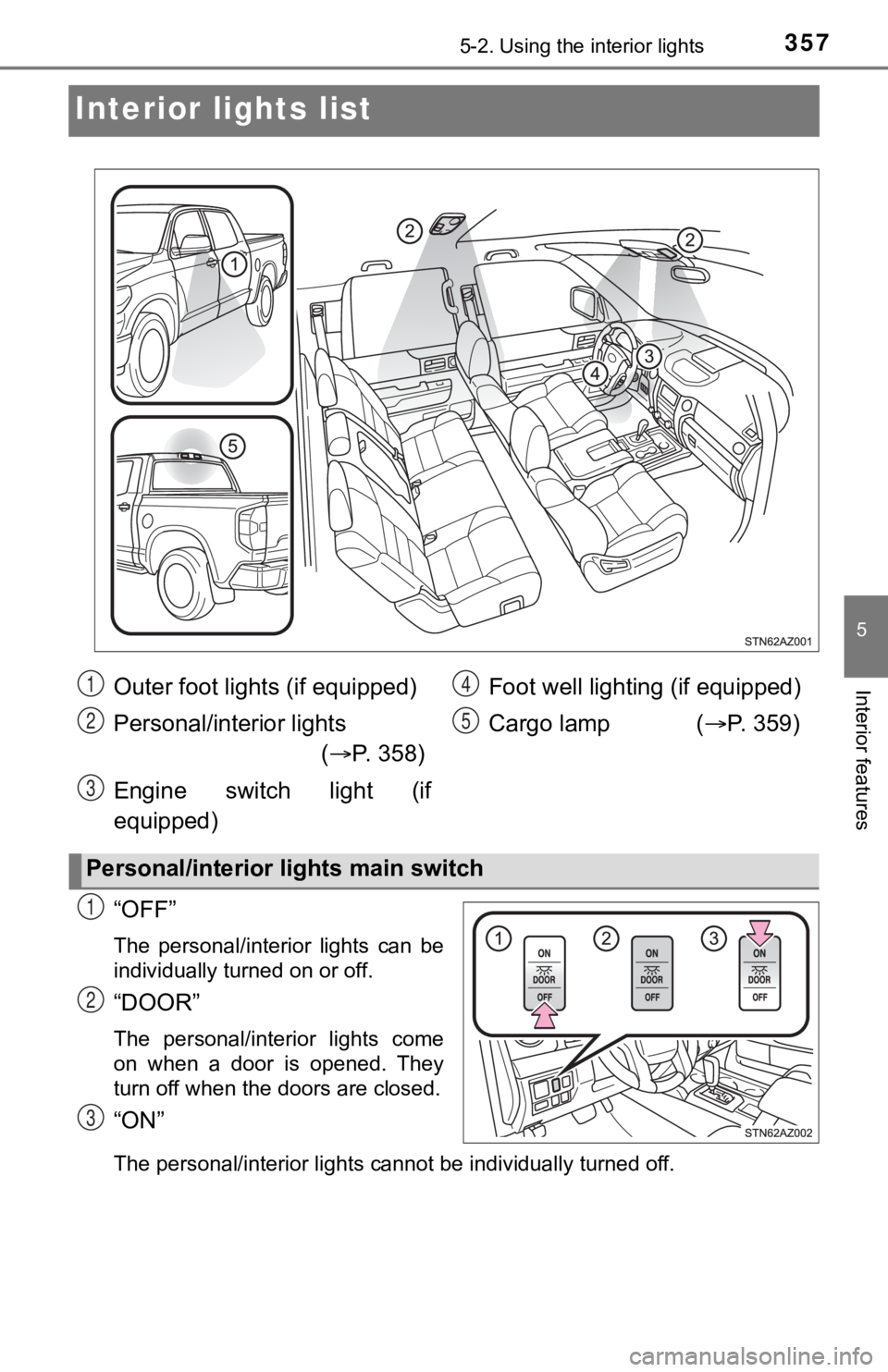 TOYOTA TUNDRA 2021 Owners Manual (in English) 3575-2. Using the interior lights
5
Interior features
Interior lights list
“OFF”
The personal/interior lights can be
individually turned on or off.
“DOOR”
The personal/interior lights c TOYOTA TUNDRA 2021 Owners Manual (in English) 3575-2. Using the interior lights
5
Interior features
Interior lights list
“OFF”
The personal/interior lights can be
individually turned on or off.
“DOOR”
The personal/interior lights c