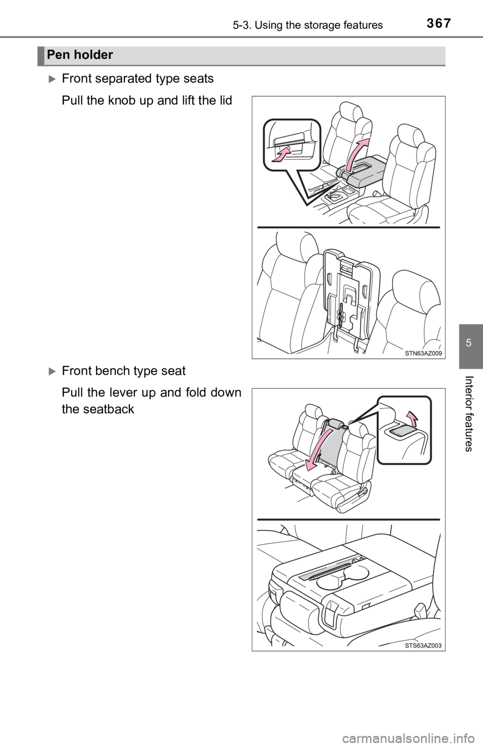 TOYOTA TUNDRA 2021  Owners Manual (in English) 3675-3. Using the storage features
5
Interior features
Front separated type seats
Pull the knob up and lift the lid
Front bench type seat
Pull  the  lever  up  and  fold  down
the seatback
Pen h