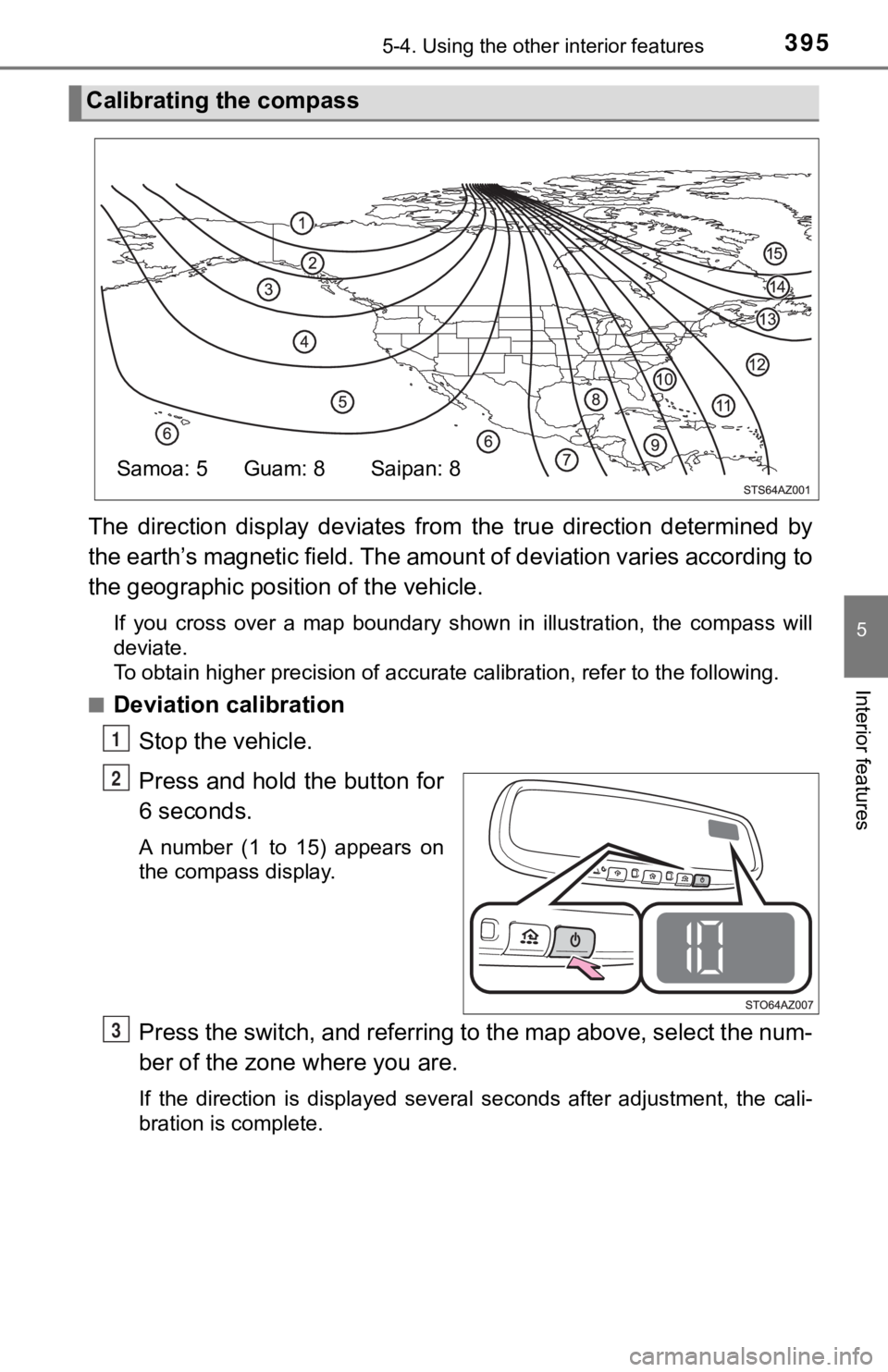 TOYOTA TUNDRA 2021  Owners Manual (in English) 3955-4. Using the other interior features
5
Interior features
The  direction  display  deviates  from  the  true  direction  determined  by
the earth’s magnetic field. The  amount of deviation varie