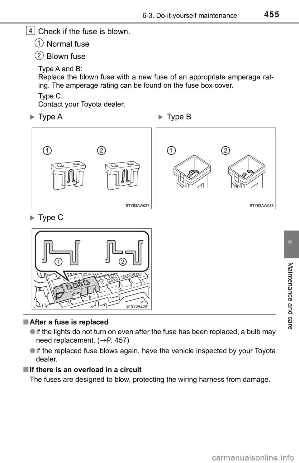 TOYOTA TUNDRA 2021  Owners Manual (in English) 4556-3. Do-it-yourself maintenance
6
Maintenance and care
Check if the fuse is blown.Normal fuse
Blown fuse
Type A and B:
Replace  the  blown  fuse  with  a  new  fuse  of  an  appropriate  ampera ge 