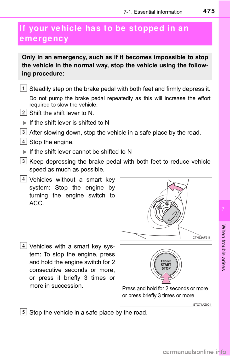 TOYOTA TUNDRA 2021  Owners Manual (in English) 475
7
When trouble arises
7-1. Essential information
If  your vehicle has to be stopped in an 
emergency
Steadily step on the brake pedal with both feet and firmly depress it.
Do  not  pump  the  brak