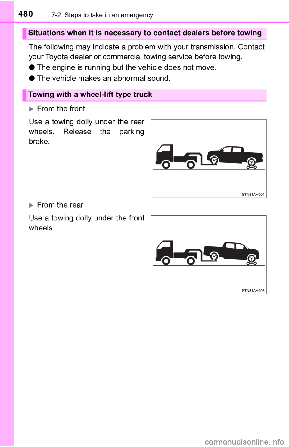 TOYOTA TUNDRA 2021  Owners Manual (in English) 4807-2. Steps to take in an emergency
The following may indicate a problem with your transmission. Contact
your Toyota dealer or commercial  towing service before towing.
● The engine is running but