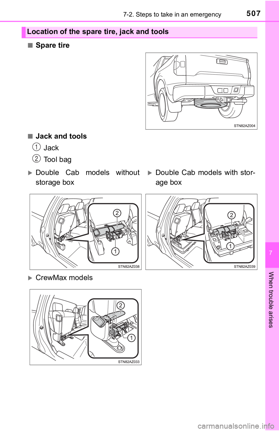 TOYOTA TUNDRA 2021  Owners Manual (in English) 5077-2. Steps to take in an emergency
7
When trouble arises
■Spare tire
■Jack and toolsJack
Tool bag
Location of the spare tire, jack and tools
1
2
Double  Cab  models  without
storage boxDo