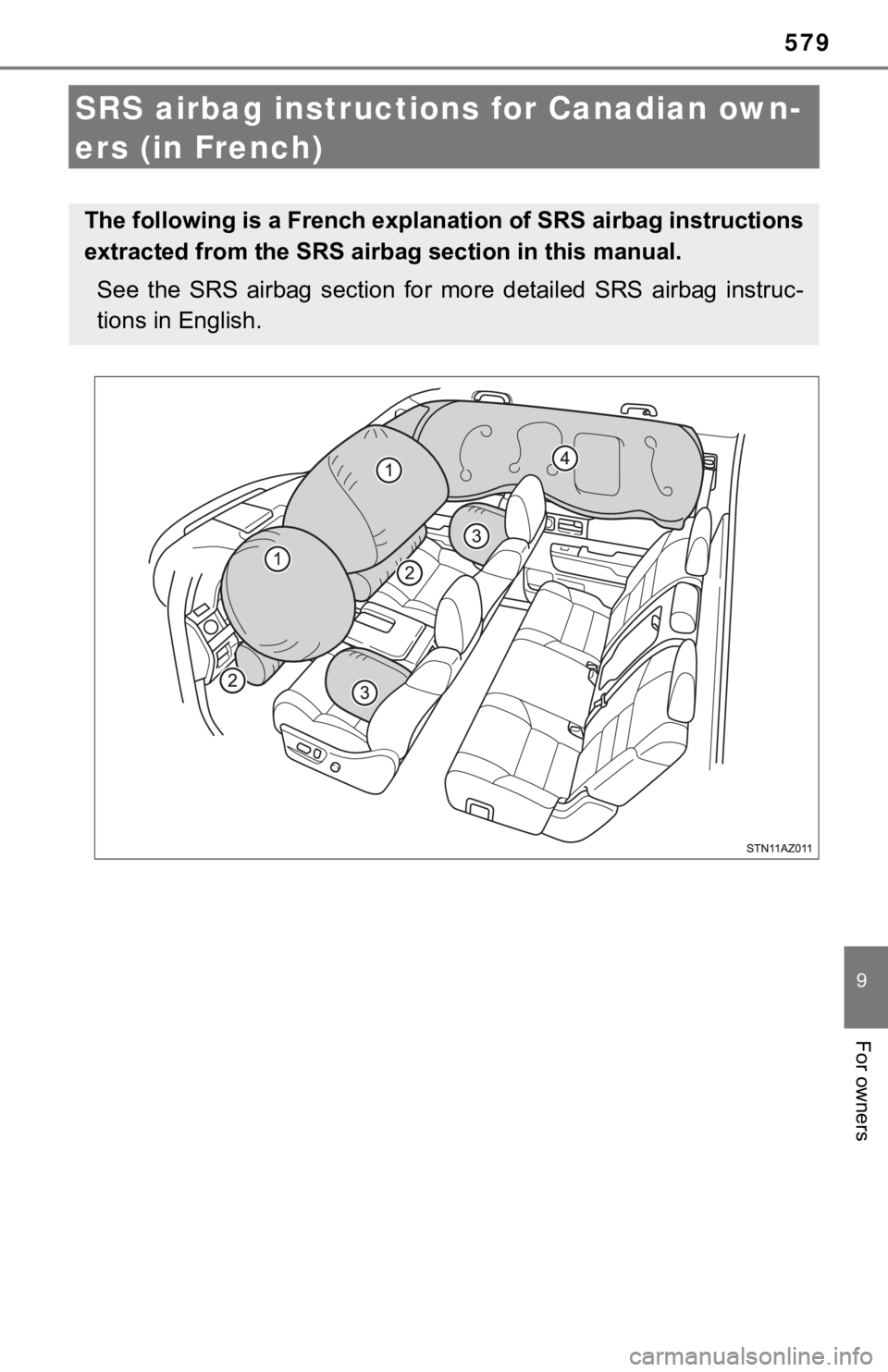 TOYOTA TUNDRA 2021  Owners Manual (in English) 579
9
For owners
SRS airbag instructions for Canadian own-
ers (in French)
The following is a French explanation of SRS airbag instructions
extracted from the SRS air bag section in this manual.
See  
