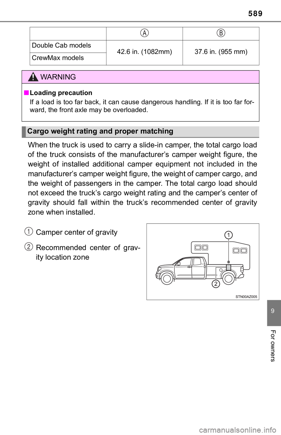 TOYOTA TUNDRA 2021 Owners Manual (in English) 589
9
For owners
When the truck is used to carry a slide-in camper, the total cargo load
of the truck consists of the manu facturer’s camper weight figure, the
weight of installed addit TOYOTA TUNDRA 2021 Owners Manual (in English) 589
9
For owners
When the truck is used to carry a slide-in camper, the total cargo load
of the truck consists of the manu facturer’s camper weight figure, the
weight of installed addit
