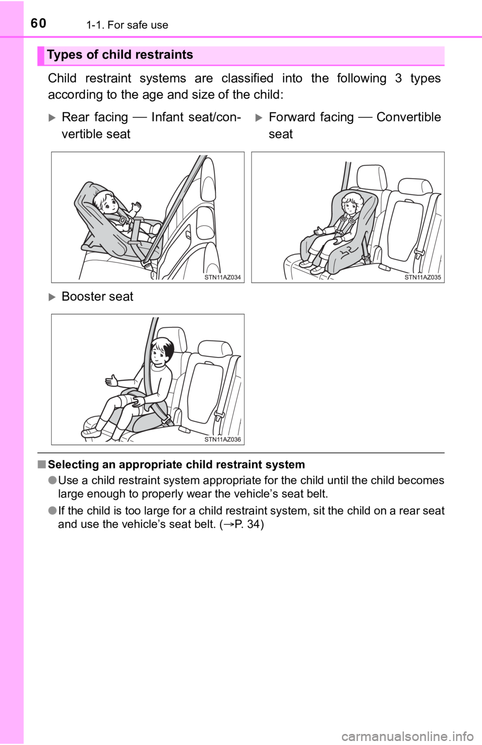TOYOTA TUNDRA 2021   (in English) Workshop Manual 601-1. For safe use
Child  restraint  systems  are  classified  into  the  following  3  types
according to the age a nd size of the child:
■Selecting an appropriate child restraint system
●Use a 