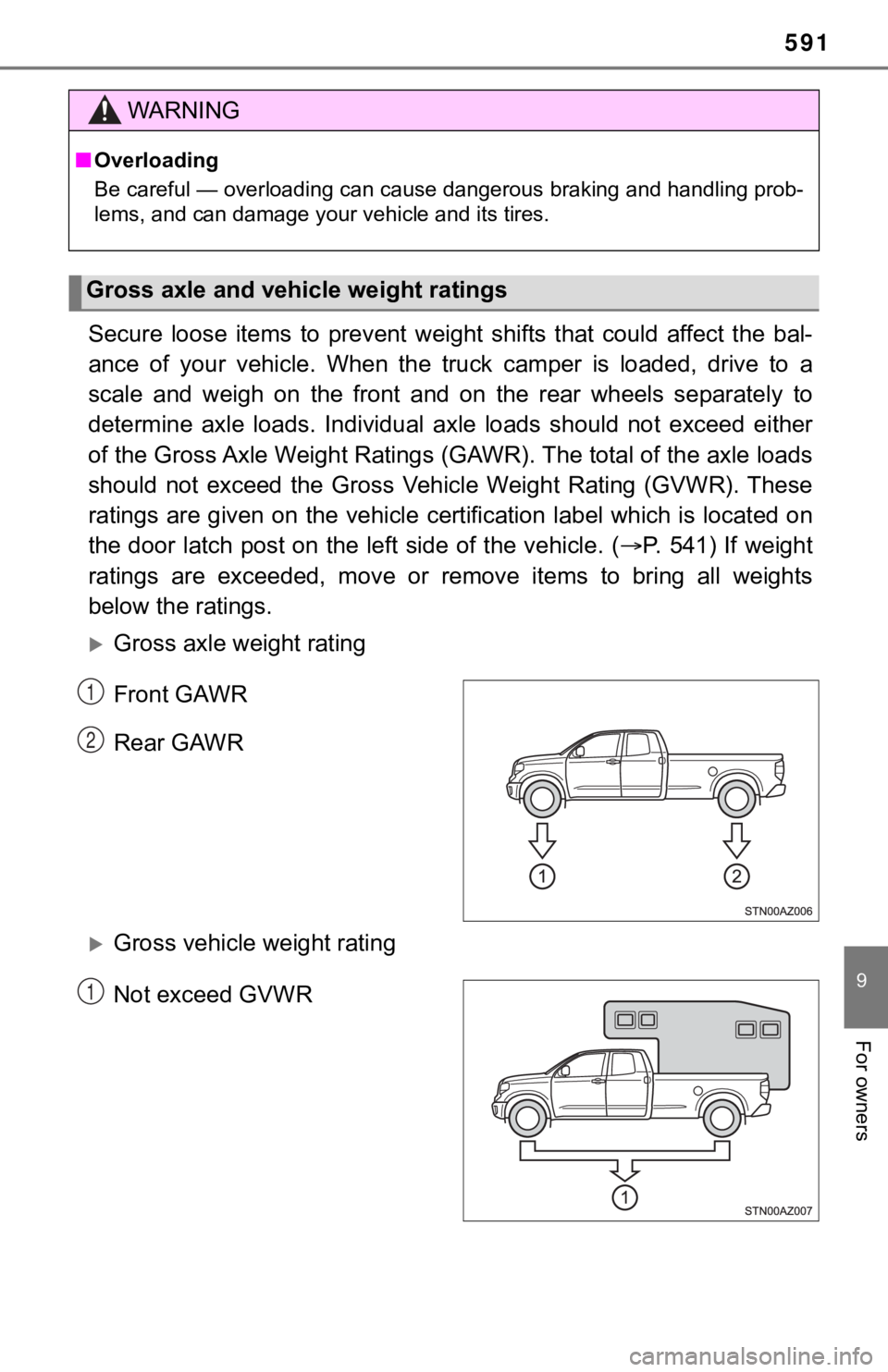 TOYOTA TUNDRA 2021 Owners Manual (in English) 591
9
For owners
Secure loose items to prevent weight shifts that could affect the bal-
ance of your vehicle. When the truck camper is loaded, drive to a
scale and weigh on TOYOTA TUNDRA 2021 Owners Manual (in English) 591
9
For owners
Secure loose items to prevent weight shifts that could affect the bal-
ance of your vehicle. When the truck camper is loaded, drive to a
scale and weigh on