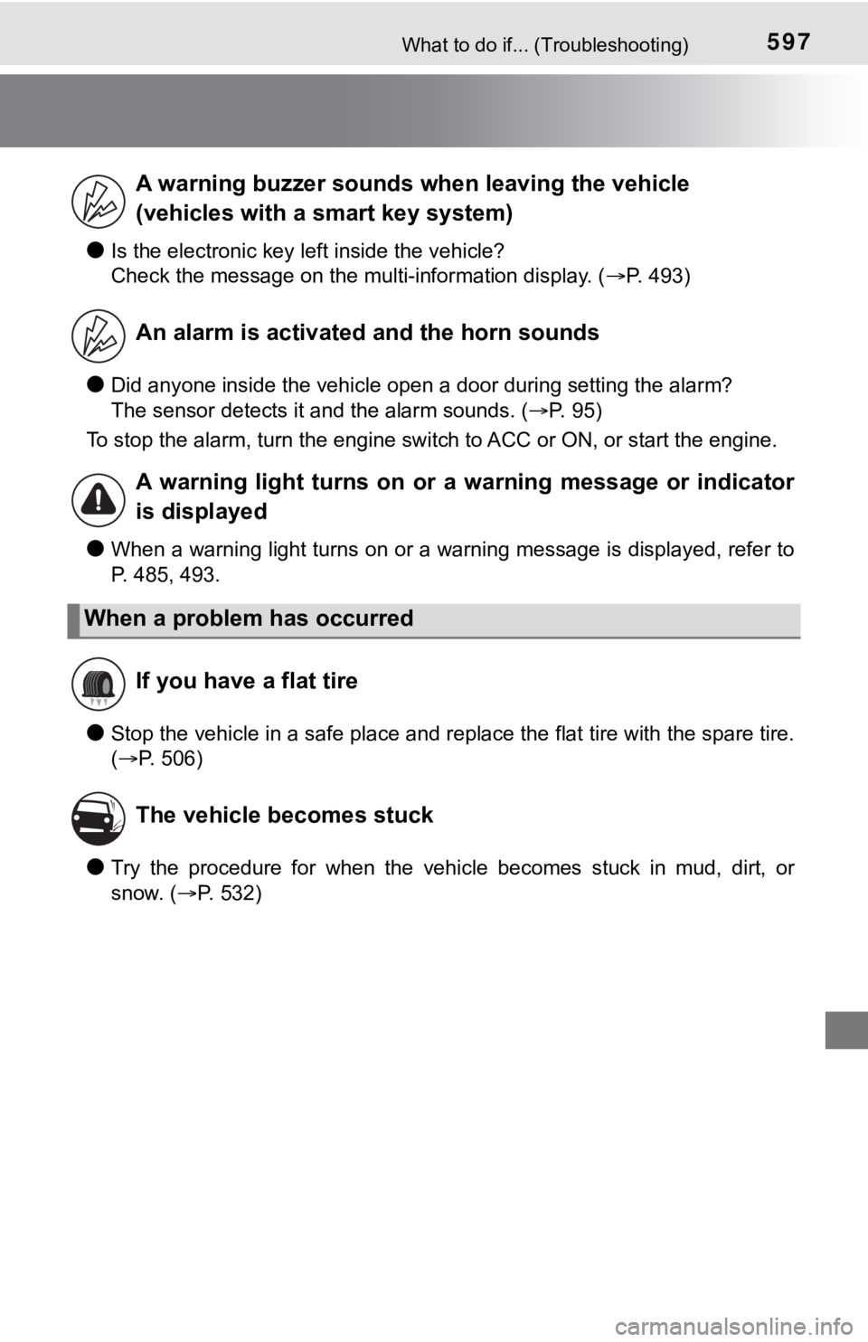 TOYOTA TUNDRA 2021 Owners Manual (in English) 597What to do if... (Troubleshooting)
●Is the electronic key left inside the vehicle?
Check the message on the multi-information display. (P. 493)
●Did anyone inside the vehicle open a door du TOYOTA TUNDRA 2021 Owners Manual (in English) 597What to do if... (Troubleshooting)
●Is the electronic key left inside the vehicle?
Check the message on the multi-information display. (P. 493)
●Did anyone inside the vehicle open a door du