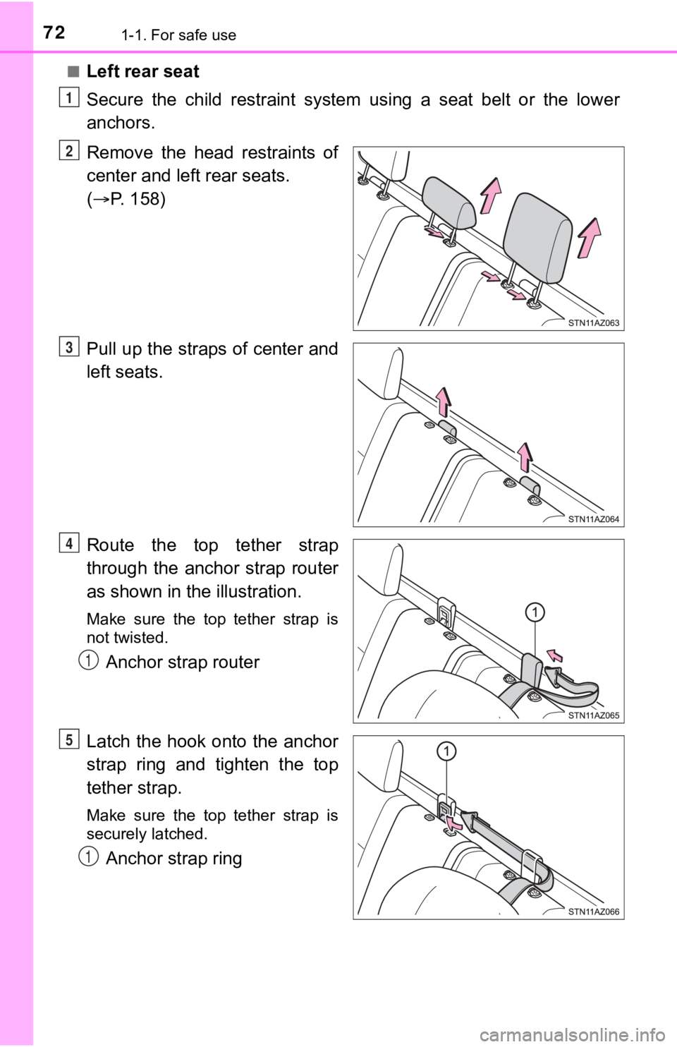 TOYOTA TUNDRA 2021 (in English) Manual PDF 721-1. For safe use
■Left rear seat
Secure the child restraint system using a seat belt or the lower
anchors.
Remove the head restraints of
center and left rear seats.
( P. 158)
TOYOTA TUNDRA 2021 (in English) Manual PDF 721-1. For safe use
■Left rear seat
Secure the child restraint system using a seat belt or the lower
anchors.
Remove the head restraints of
center and left rear seats.
( P. 158)