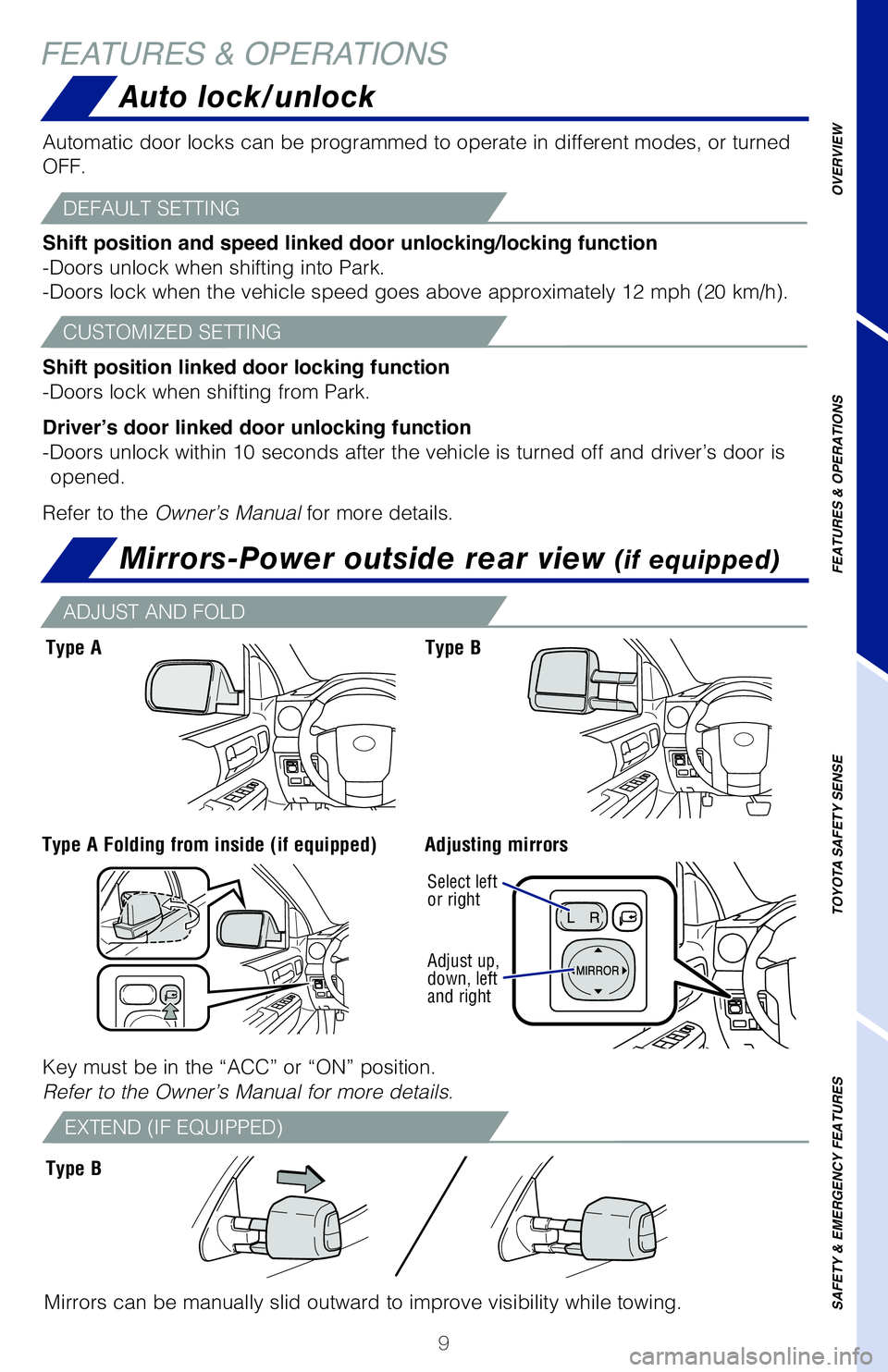 TOYOTA TUNDRA 2021   (in English) User Guide 9
OVERVIEW
FEATURES & OPERATIONS
TOYOTA SAFETY SENSE
SAFETY & EMERGENCY FEATURES
Engine oil filler cap
NOTE: Regularly scheduled maintenance, including oil changes, will help \
extend the life of you
