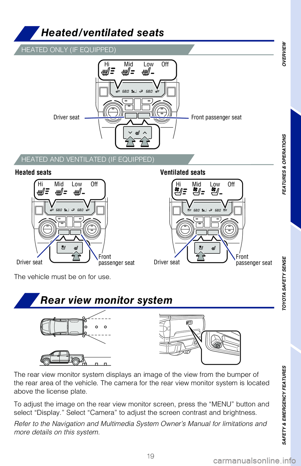 TOYOTA TUNDRA 2021  Owners Manual (in English) 19
Air conditioning/heating
HEATED ONLY (IF EQUIPPED)
HEATED AND VENTILATED (IF EQUIPPED)
The rear view monitor system displays an image of the view from the bump\
er of 
the rear area of the vehicle.