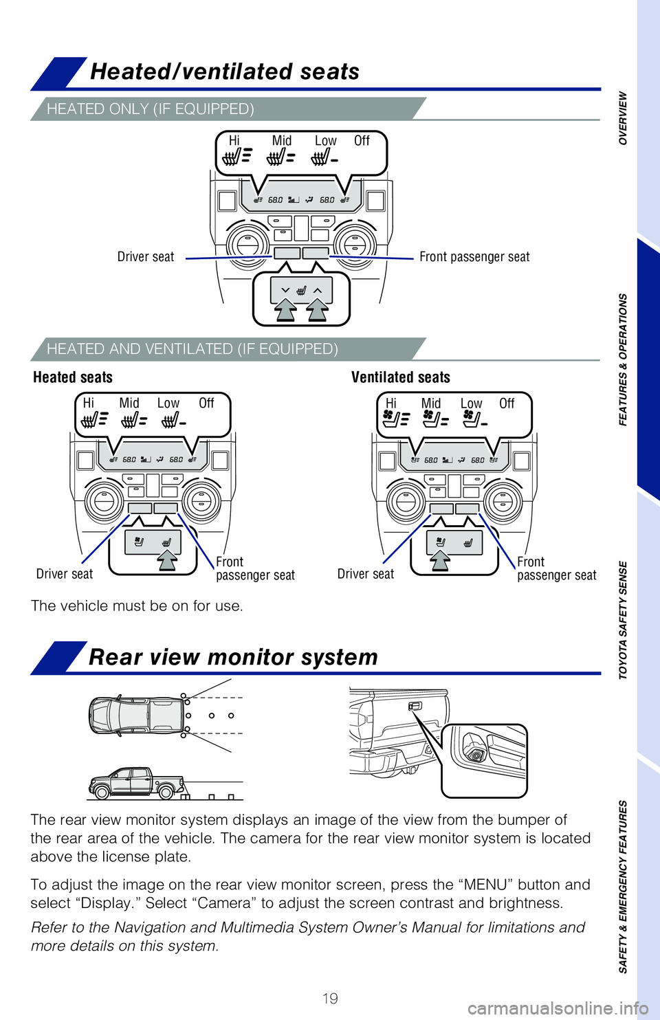 TOYOTA TUNDRA 2021   (in English) Owners Manual 19
Air conditioning/heating
HEATED ONLY (IF EQUIPPED)
HEATED AND VENTILATED (IF EQUIPPED)
The rear view monitor system displays an image of the view from the bump\
er of 
the rear area of the vehicle.