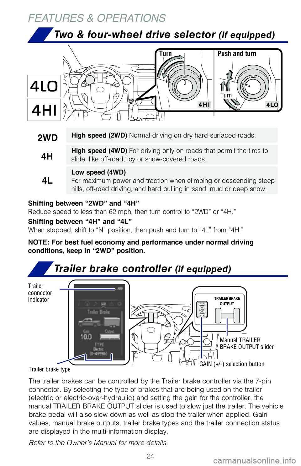 TOYOTA TUNDRA 2021  Owners Manual (in English) 24
FEATURES & OPERATIONS
Push and turnTurn
Shifting between “2WD” and “4H”
Reduce speed to less than 62 mph, then turn control to “2WD” or “\
4H.”
Shifting between “4H” and “4L�