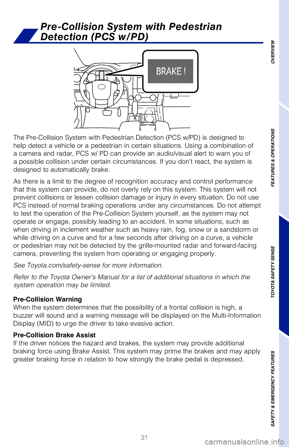 TOYOTA TUNDRA 2021   (in English) Owners Guide 31
The Pre-Collision System with Pedestrian Detection (PCS w/PD) is desig\
ned to 
help detect a vehicle or a pedestrian in certain situations. Using a com\
bination of 
a camera and radar, PCS w/ PD 