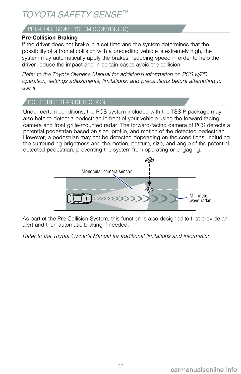 TOYOTA TUNDRA 2021   (in English) Owners Guide 32
DISABLING PRE-COLLISION SYSTEM (PCS)
TOYOTA SAFETY SENSE™
CHANGING PCS SENSITIVITY
(1) Press “ ” switches and select “” from the Multi-Information Display (MID).  
(2) Press “ ” switc